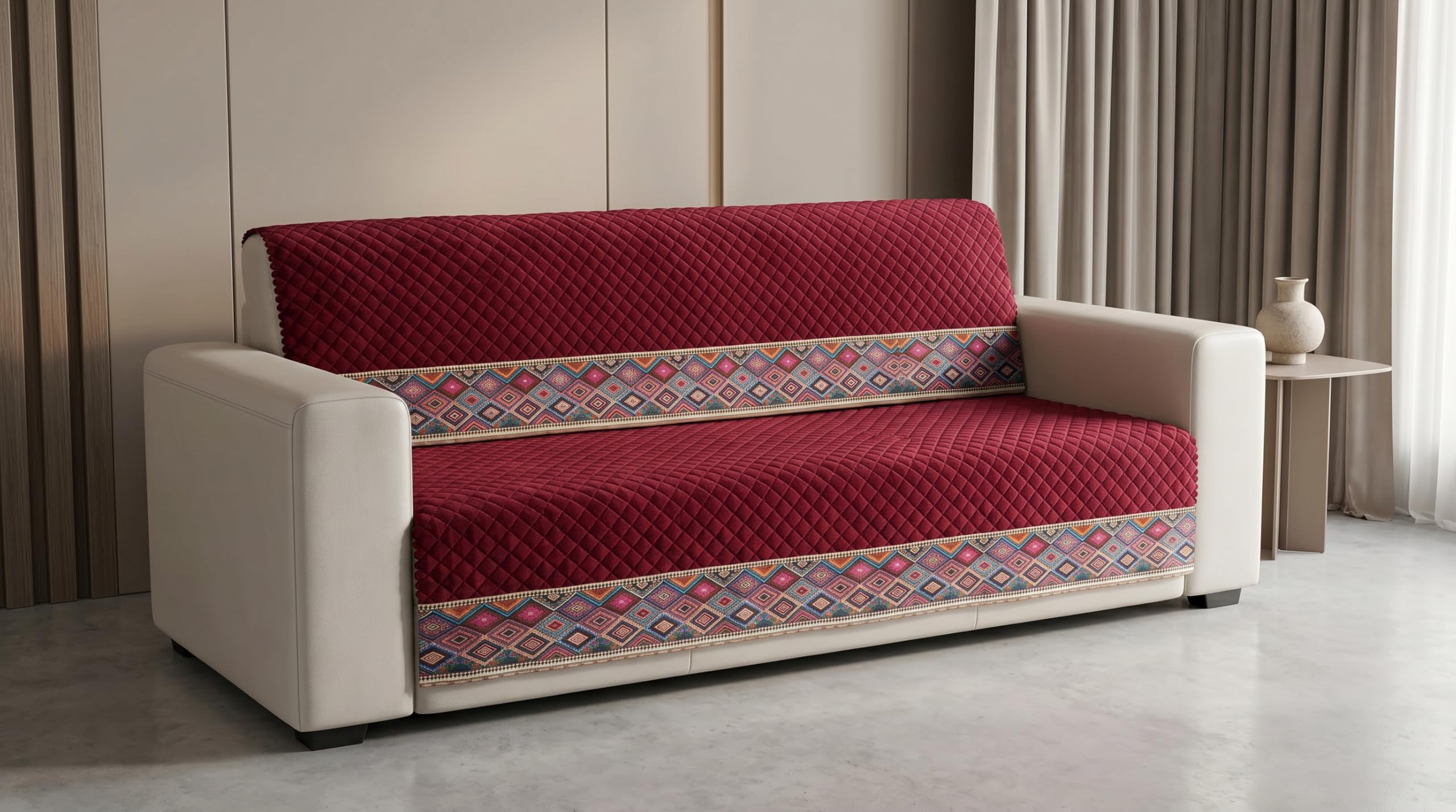 Maroon Velvet Sofa Mat, 3+2+2 Set | Full Cover for Seat & Back, Anti-Skid, Machine Washable-image-7