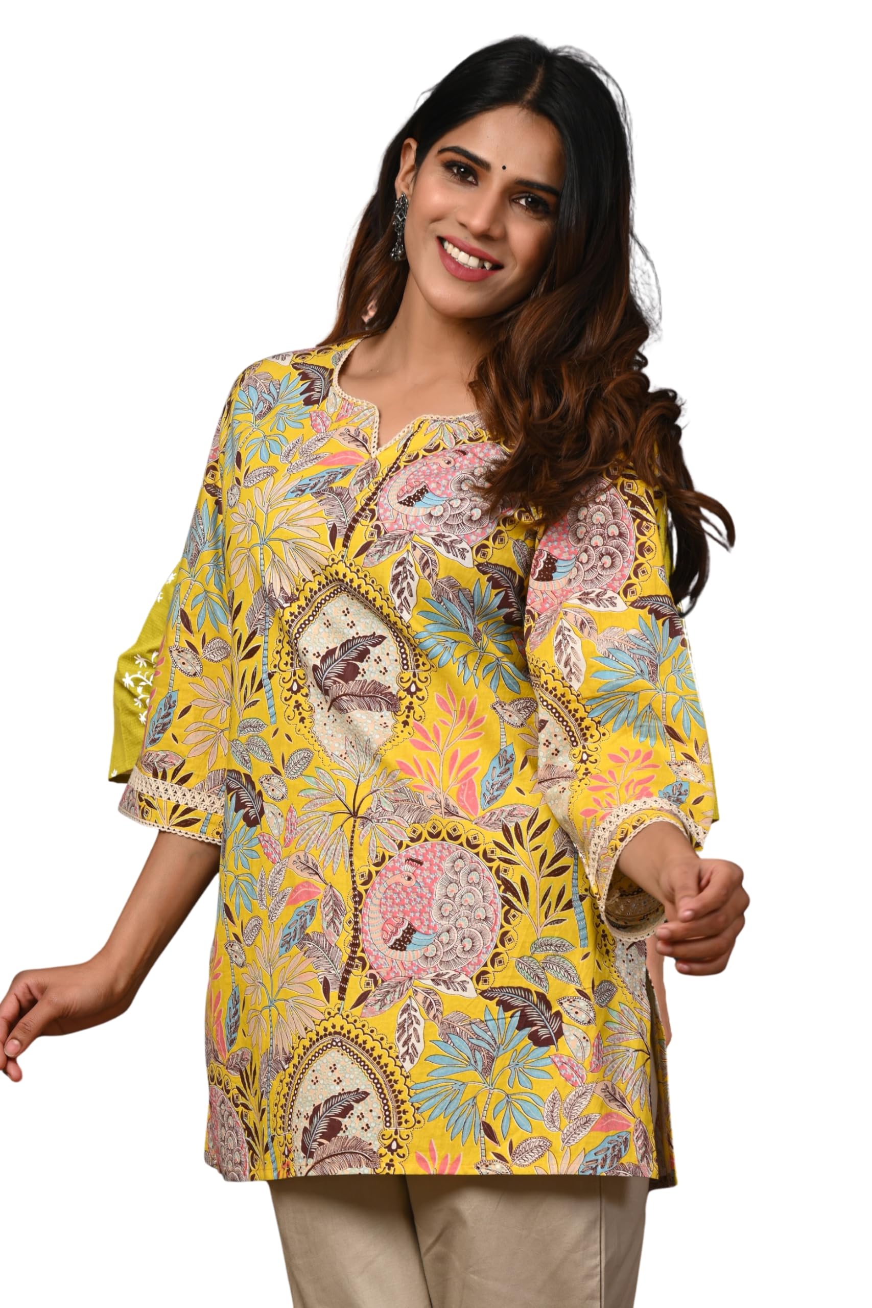 Women Ethnic Motifs Printed Short Kurta | Ethnic Wear Top | Straight Fit 3/4th Raglan Sleeve Salwar-image-10
