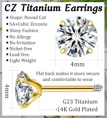 Miniatura 63 de G23 Titanium Earrings 5A+Cubic Zirconia Flat Back Stud Earrings 14K Gold Hypoallergenic Nap Earrings 2-5MM Tiny Handmade Cartilage Stud Earrings for