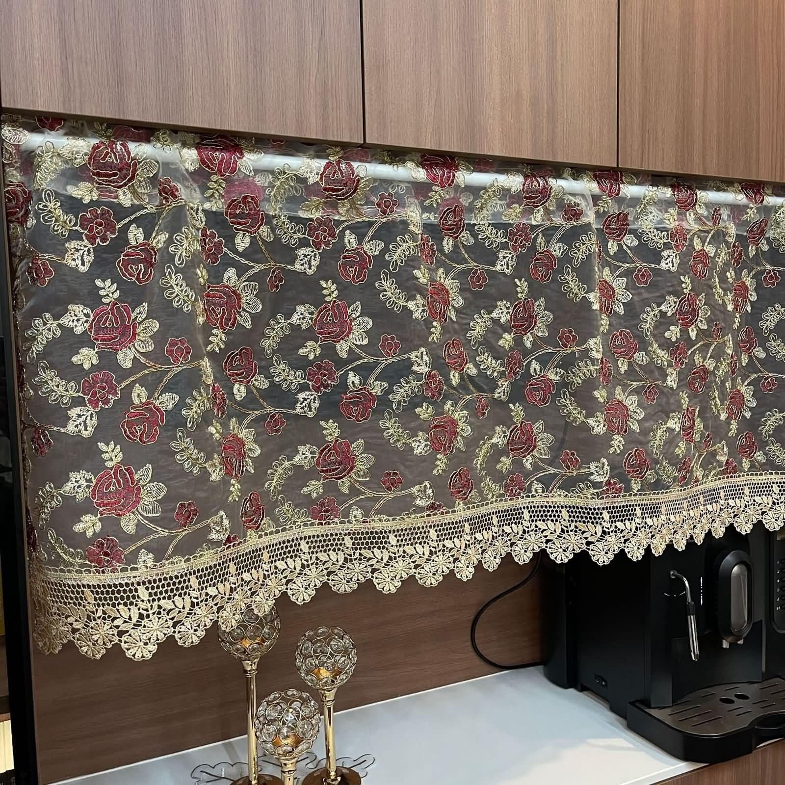 56 cm długie krótkie zasłony czerwone khaki, koronkowe kwiatowe zasłony kuchenne