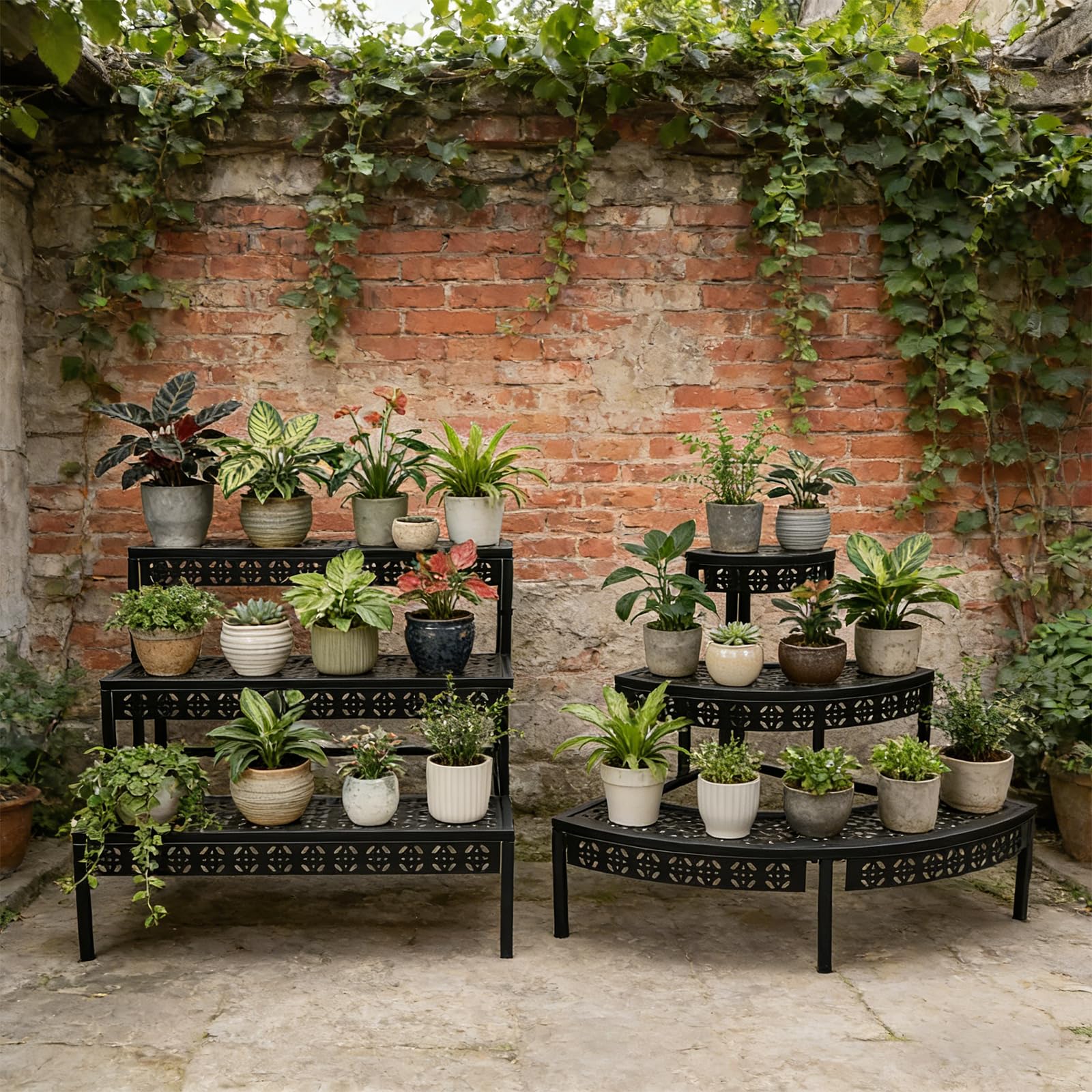Supporto multifunzione per piante da appartamento, terrazza, giardino, balcone | Scala per fiori a 3 gradini in metallo con grande capacità, supporto per piante, scaffale per fiori per esterni e interni