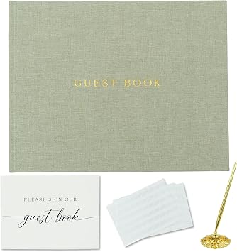 Gooji Linen Wedding Guest Book Wedding Reception Guestbook to Sign in and Add Polaroid Photos or Baby Shower includes Sign Card, Signing Pen, Photo Corners Sage Green 7x9, 100 pages Gold Foil, Lined