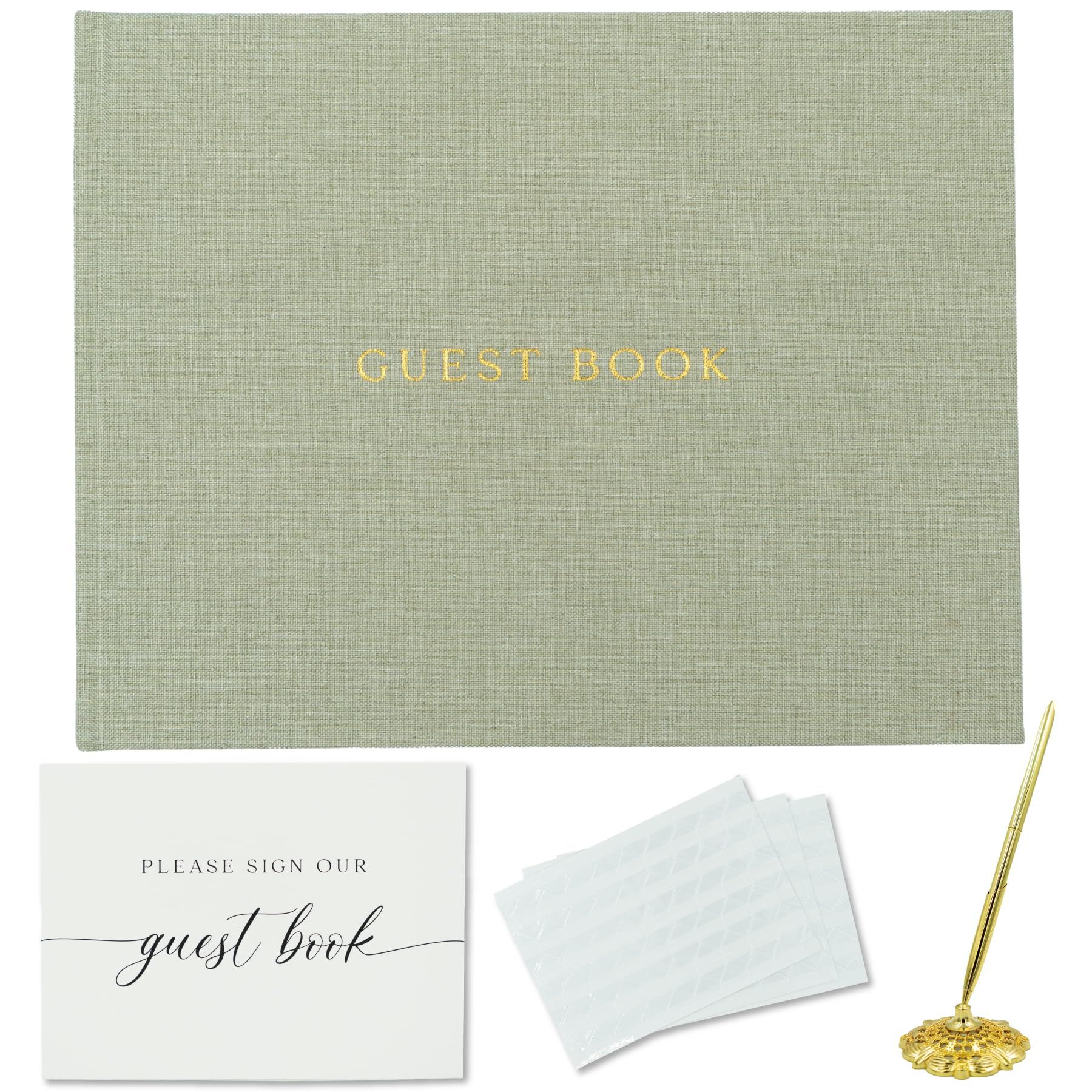 Gooji Linen Wedding Guest Book Wedding Reception Guestbook to Sign in and Add Polaroid Photos or Baby Shower includes Sign Card, Signing Pen, Photo Corners (Sage Green) 7x9, 100 pages Gold Foil, Lined