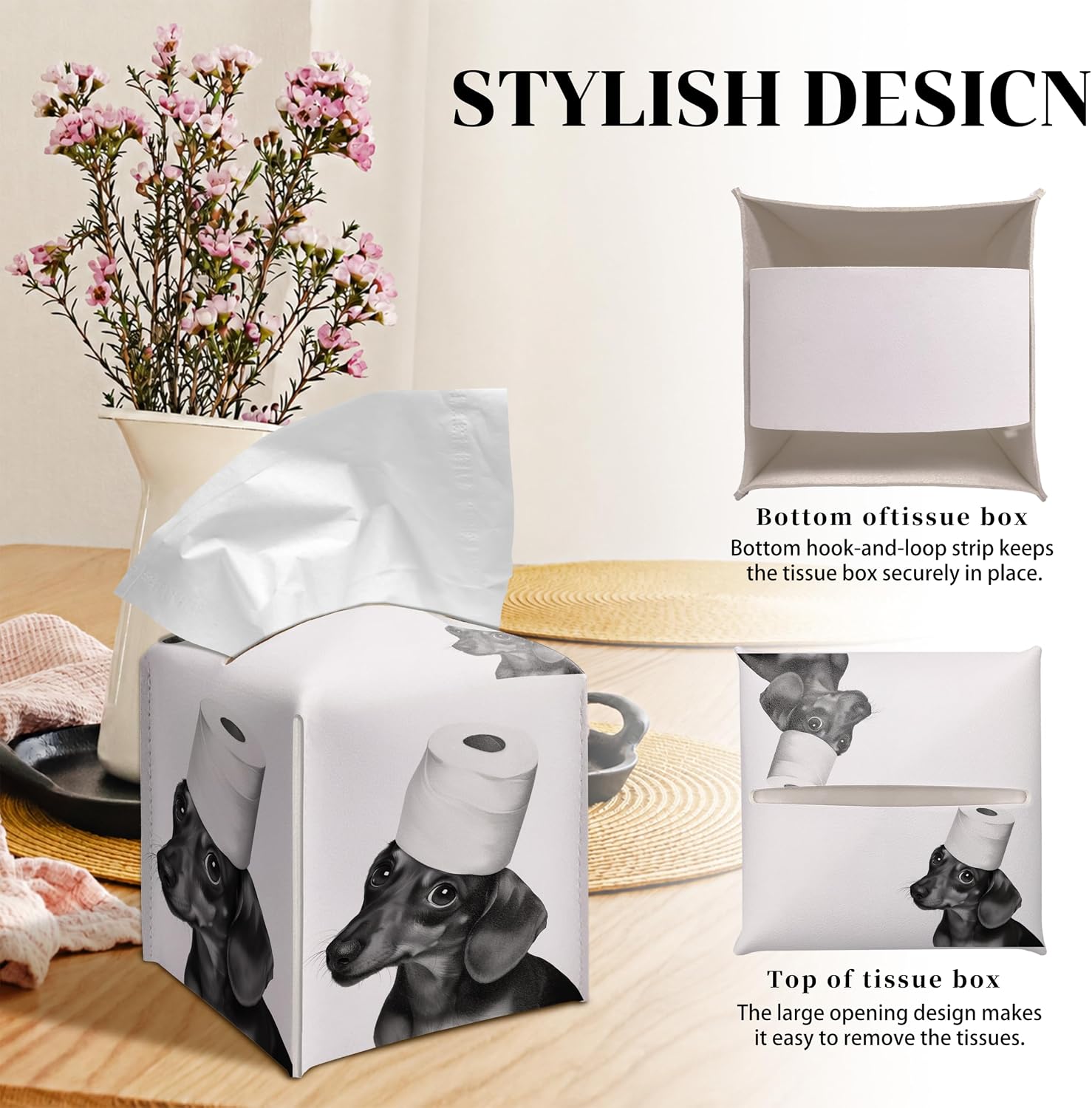 Grace Yonks Cute Dachshund Tissue Box Cover Square, Toilet Paper Cube Case for Facial Tissues, 5.2" PU Leather(078)