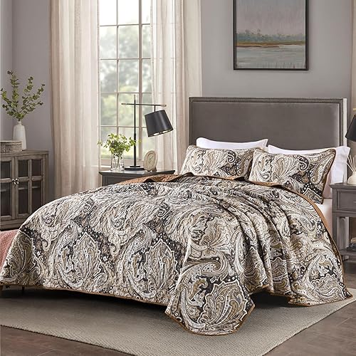 Miniatura 9 de Juego de edredón de cachemira amarillo tamaño King, juego de colcha bohemia de 3 piezas, suave y ligero con patrón floral de cachemira para todas