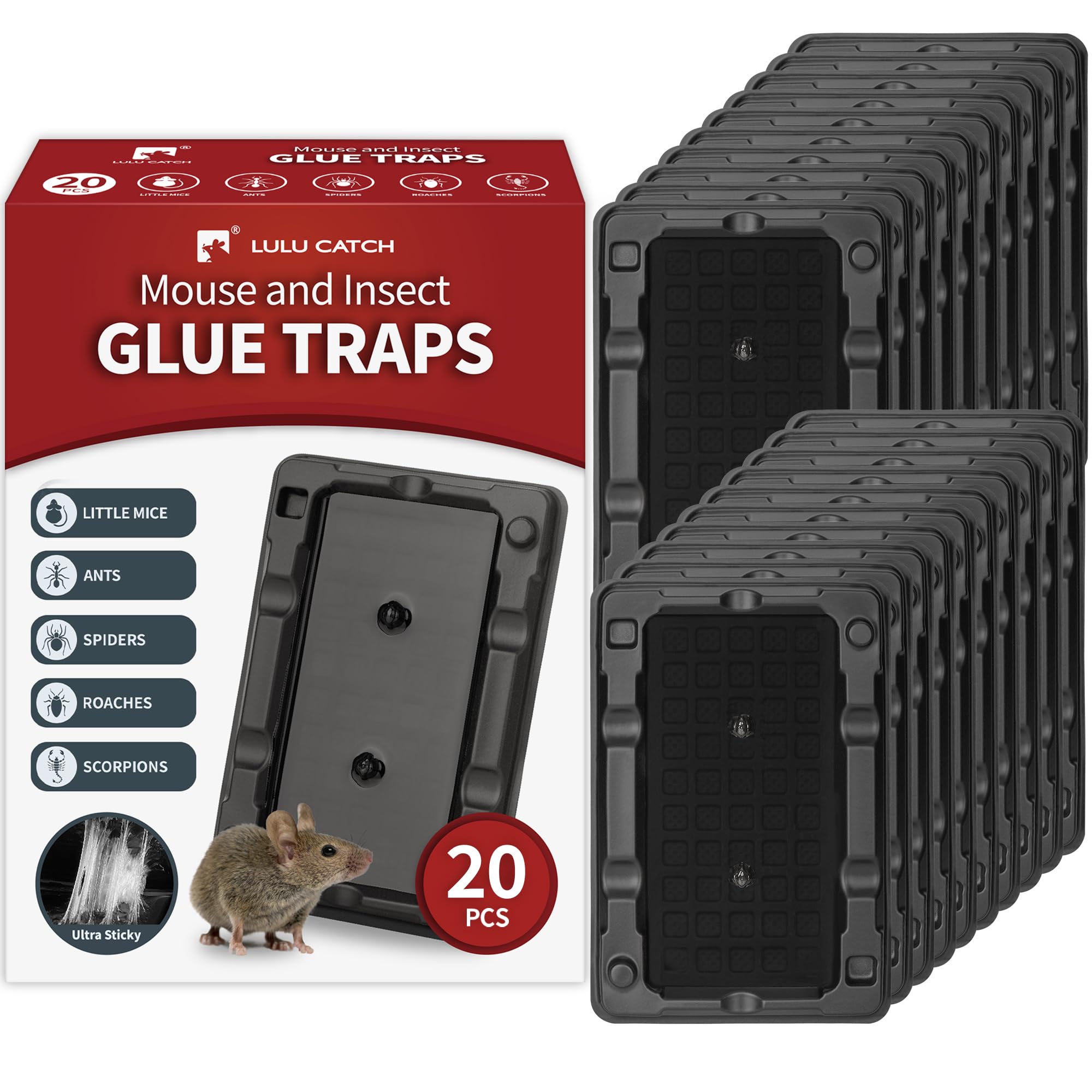 LULUCATCH Mouse &amp; Insect Traps 20 Pack, Heavier Sticky Traps with Non-Toxic Glue for Small Mice &amp; Insects. Sticky Mouse Traps Indoor for Home, Easy to Set