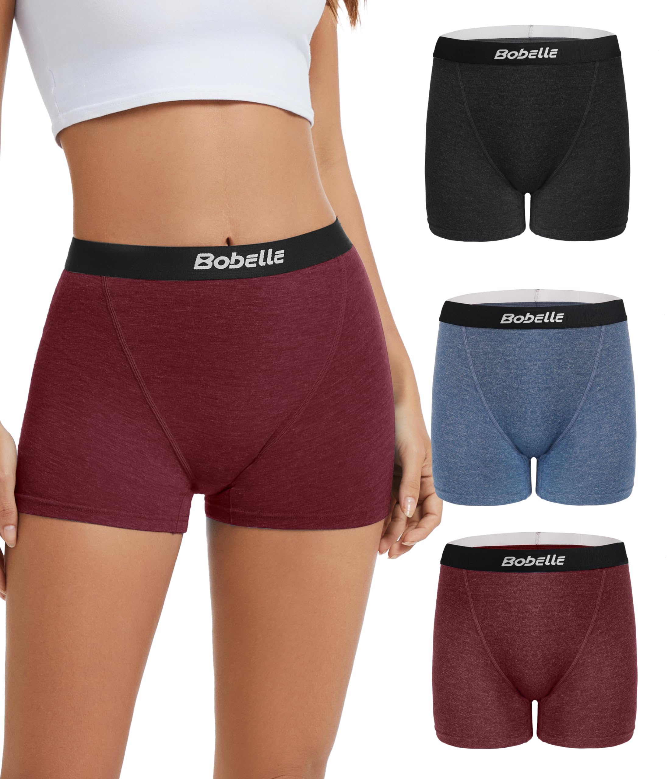 Bobelle Wear Merino Wool Boxer Briefs for Women, Soft Women's Boyshort Underwear, Moisture Wicking Boxershort Panties 3 Packs (UK, Alpha, S, Regular, Regular, 3, Multicolor01)