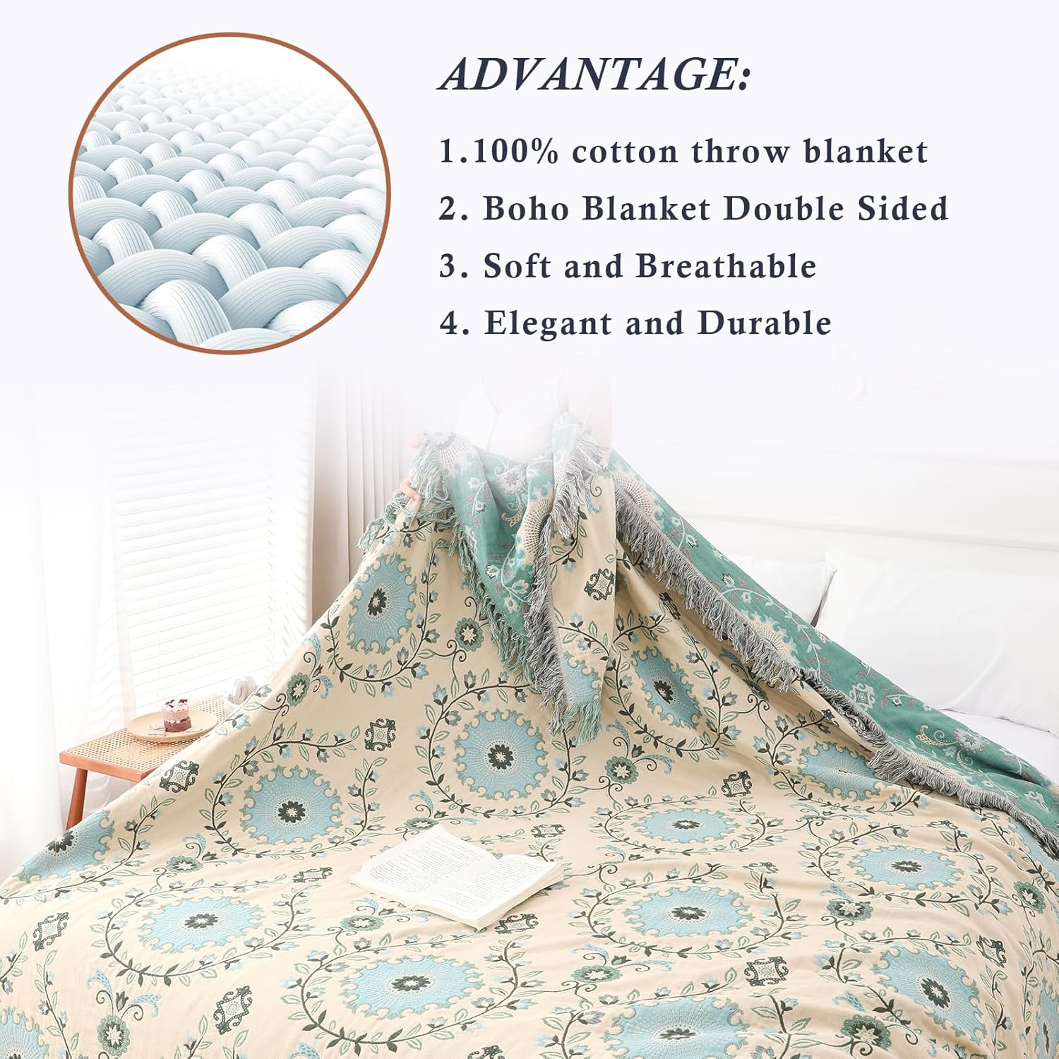Snycler Boho Throw Blanket for Bed - 100% Cotton Ultra Soft Rustic Quilt - Blue Boho Floral Printed Farmhouse Decor Bed Blankets, 80"×90" All Season Rustic Throw for Sofa Couch Chair - Image 5