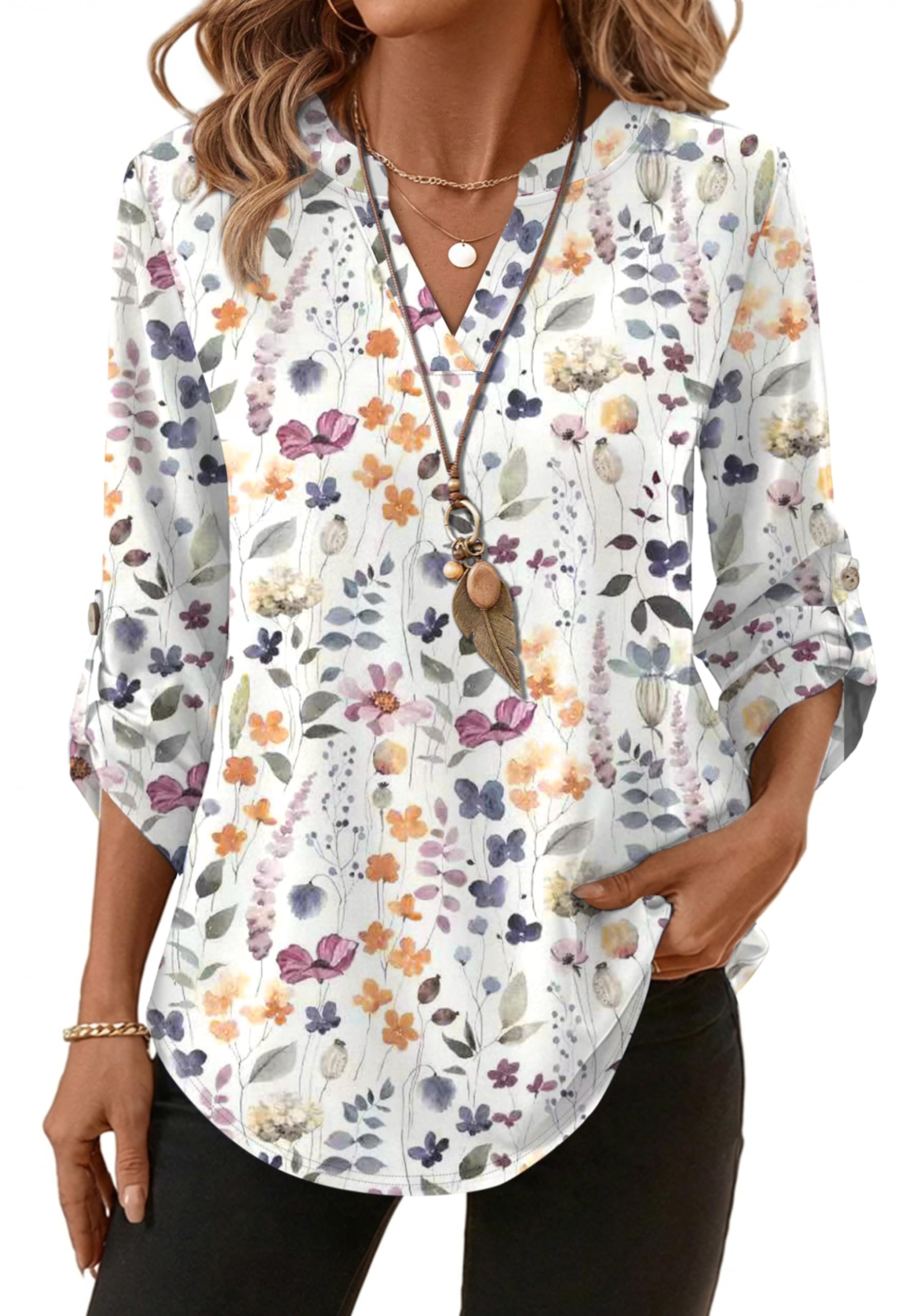 XIEERDUO 3/4 Length Sleeve Womens Tops V Neck T Shirts Both Side Buttons Blouses Business Casual Outfits Loose Fit