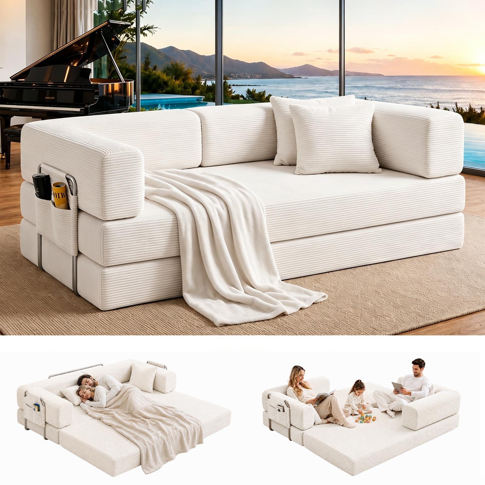 199,4 cm umwandelbares Schlafsofa aus Cord, Couchbett, 4-in-1-Kombination, modulares Sofa, ausklappbar, King-Sofa, Bodensofa, Cama-Lounge-Couch für Wohnzimmer, Wohnung (Beige, 199,4 cm) Küche, Haushalt & Wohnen