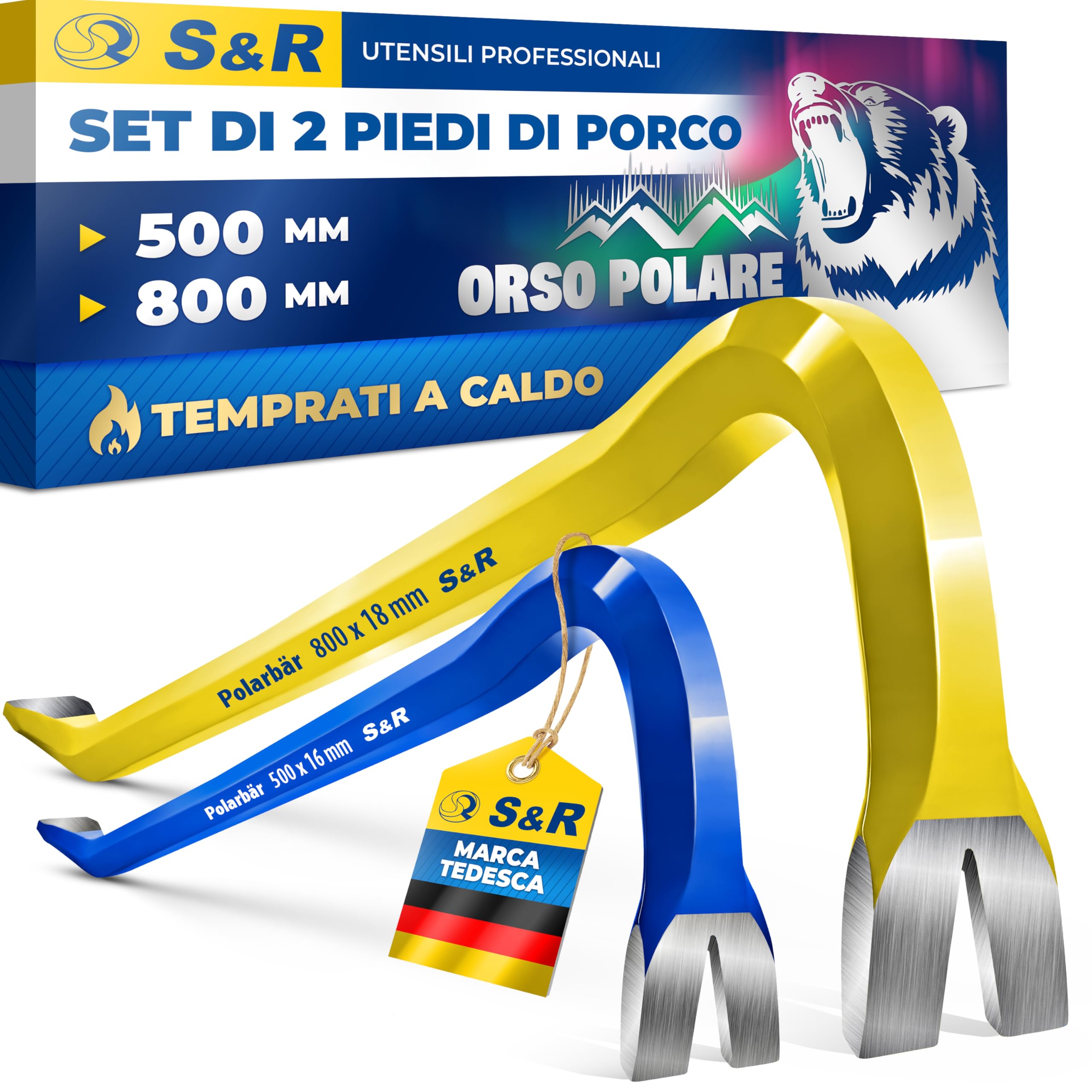S&R Set di 2 Piedi di Porco Professionali 50 Cm e 80 Cm. Levachiodi per Bancali Piccolo e Lungo in Acciaio Temprato Ideali per Demolizioni, Smontaggi e Ristrutturazioni. Blu e Giallo.