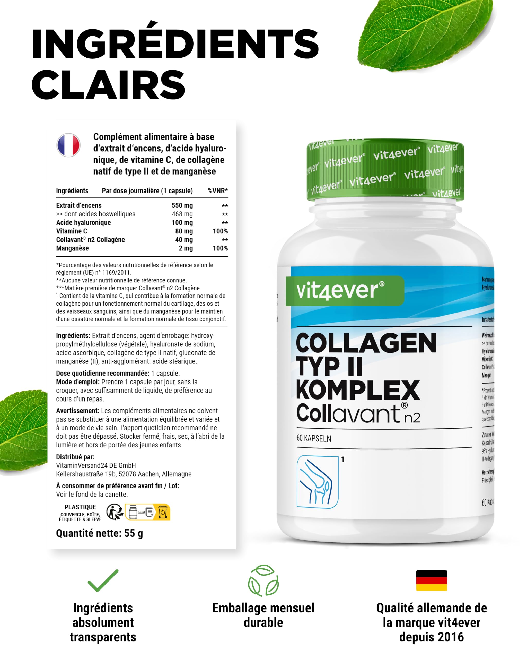Complexe Collagène de Type II – avec Collagène Natif Collavant N2®, Extrait d’Encens, Acide Hyaluronique, Vitamine C, Manganèse pour les Os, le Cartilage et les Articulations