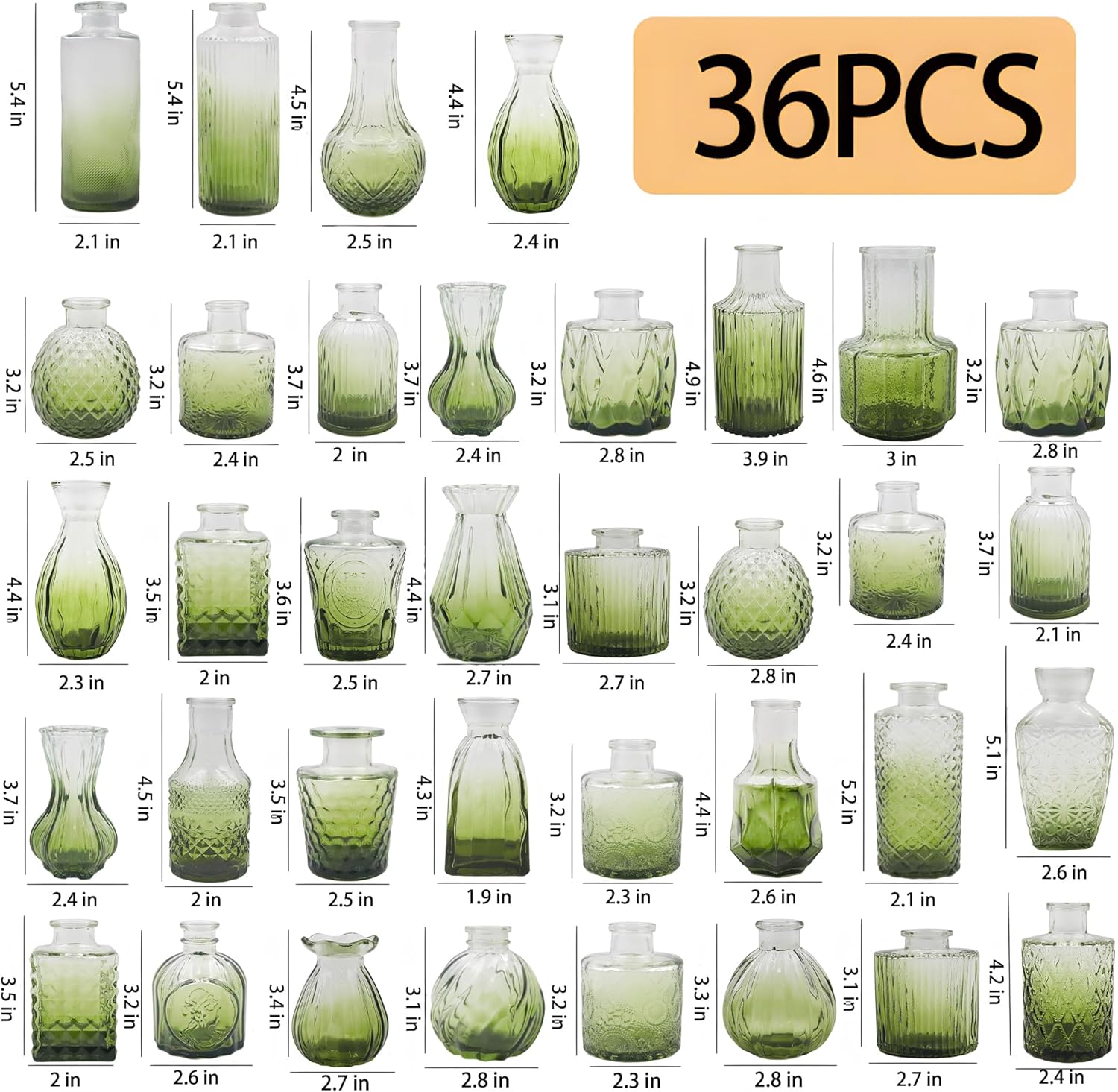Glass Bud Vases Set of 36PCS, Small Flower Vases for Wedding Centerpiece Table Decoration, Vintage Vase in Bulk for Flower Arrangements, Mini Vase for Birthday Party, Festival Home Decor,Green