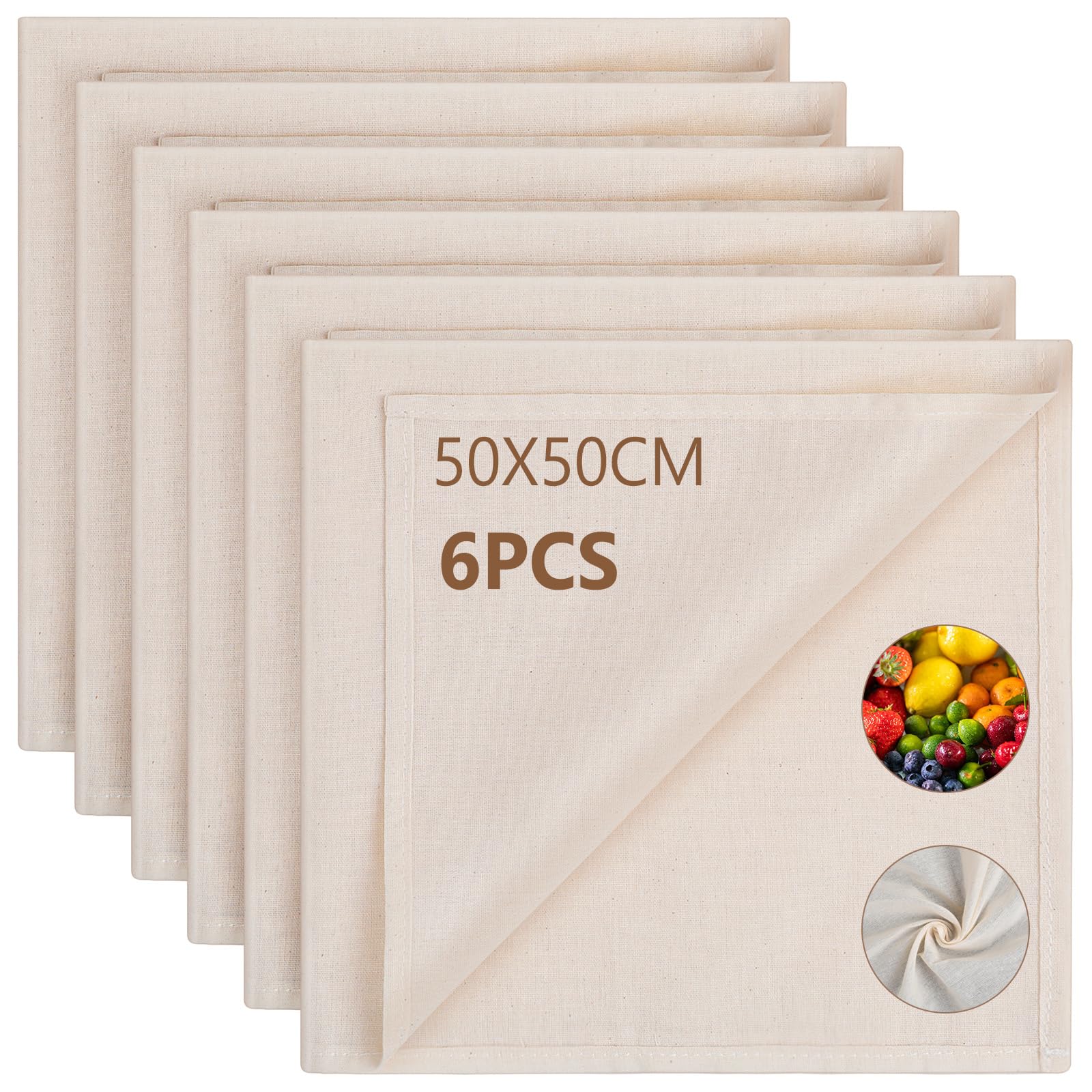 AiQInu Passiertuch Käsetuch Cheesecloth Leinentuch 6 Stück,50x50cm Feingewebt Dichtegrad 100 Mulltuch,Ungebleichte Reine Baumwolle Seihtuch,Wiederverwendbar Filtertuch für Käse Beeren Obstsaft