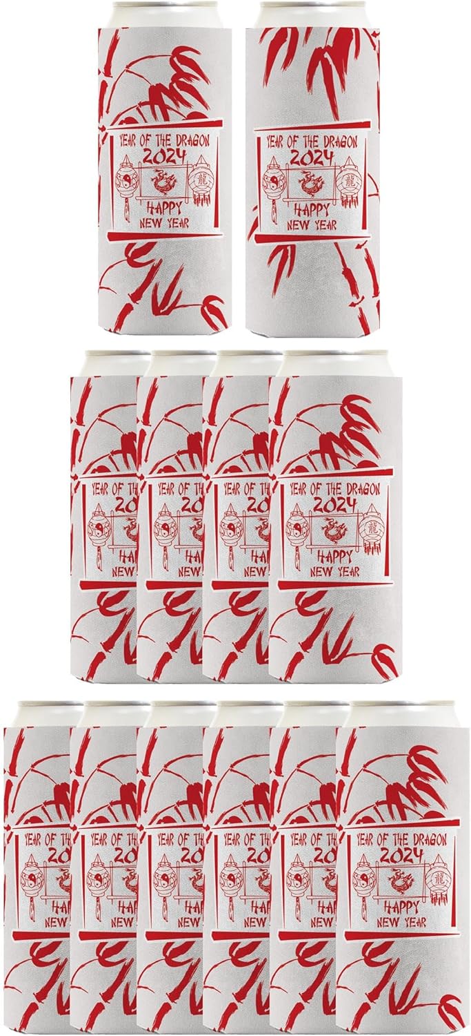 Lunar New Year Decor 2024 Year Of The Dragon Happy New Year Lanterns 12-Pack Ultra Slim Can Thermocoolers