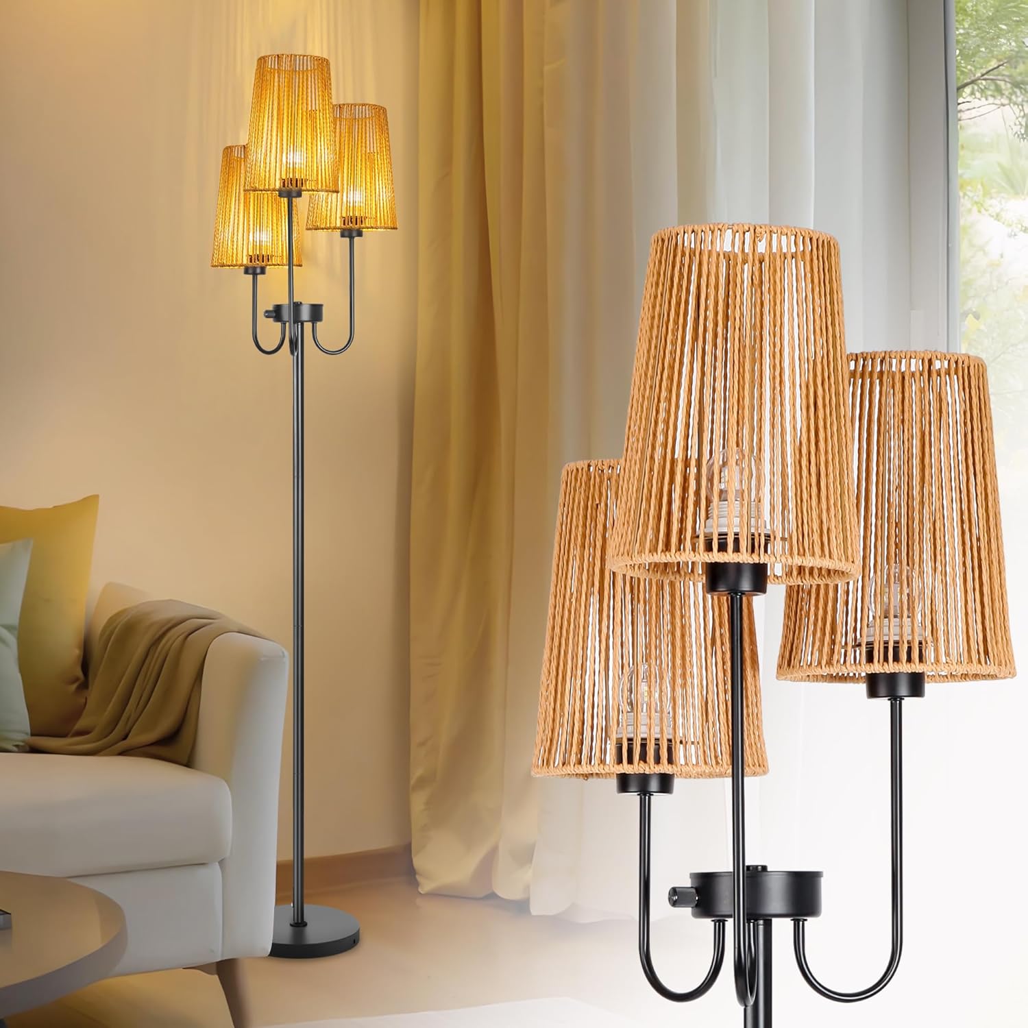 Boho Floor Lamp for Living Room, 3 Light Farmhouse Floor Lamps with Cage Rattan Shade & 7W LED Bulbs, Black Rustic Tree Standing Tall Lamp for Bedroom Corner,65,3 Color Temperature