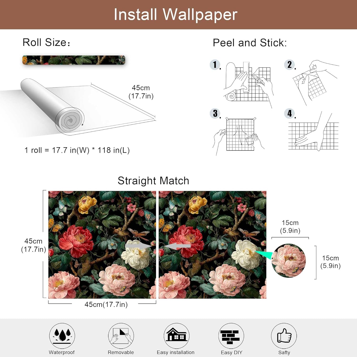 Dark Botanical Peel and Stick Wallpaper, Moody Floral Wallpaper for Home Decor | Self-Adhesive, Waterproof Vinyl, 17.7" x 118"