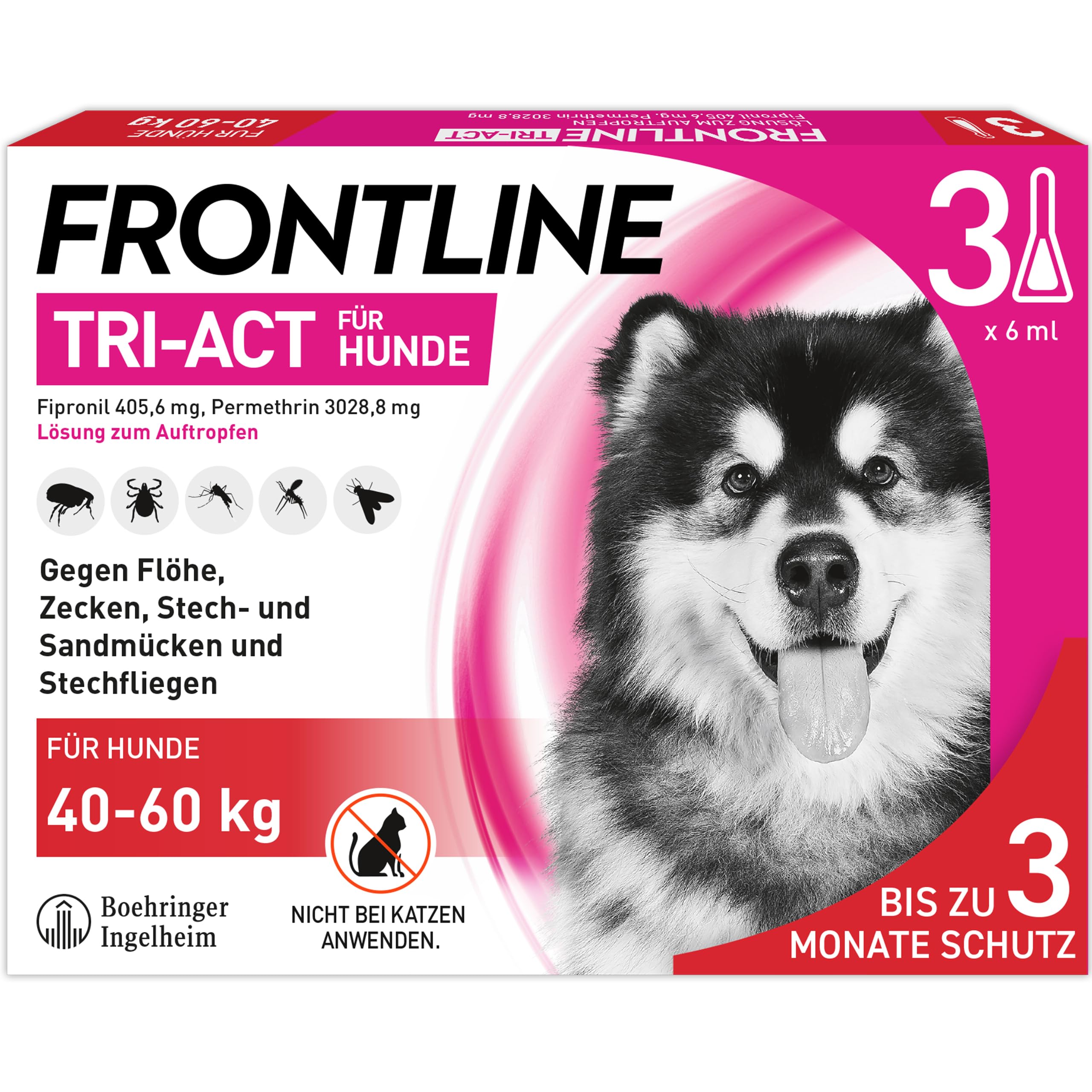 FRONTLINE TRI-ACT Hund XL gegen Zecken, Flöhe & Mücken (40 bis 60 kg) | 3x Pipetten für bis zu 3 Monate Schutz - wasserfest - perfekt auf Reisen - beugt Leishmaniose vor - für große Hunde