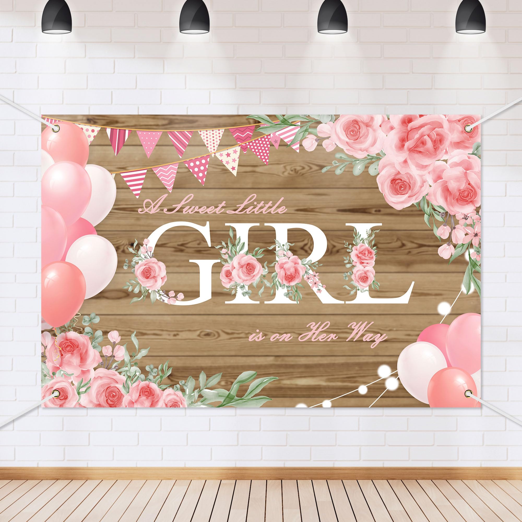 Pink Girl Baby Shower Backdrop Banner A Sweet Little Girl is on Her Way Pink Flowers Theme Background Decor for Girls Newborn Baby Shower Party