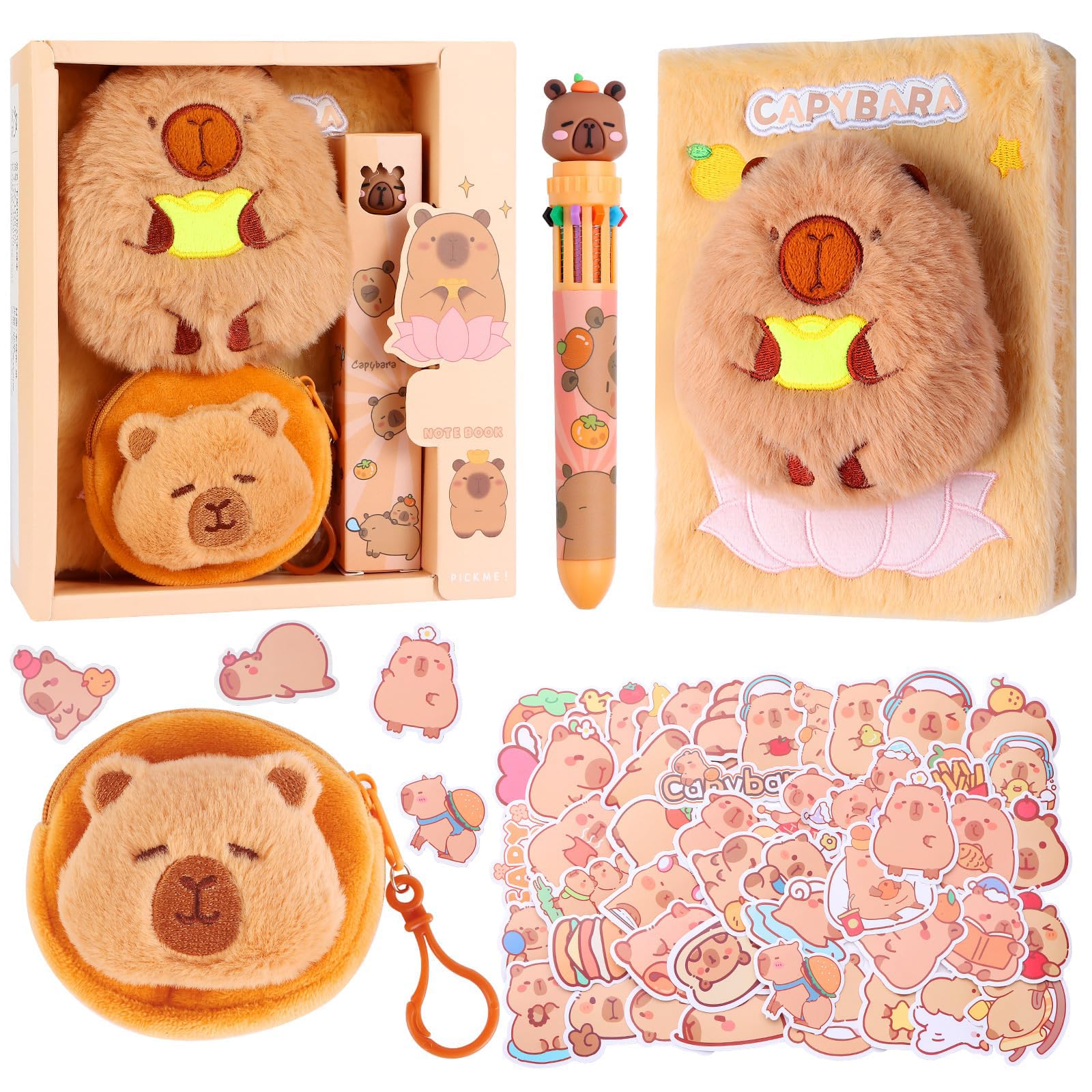 ZenithAura Capybara Diary Gift For Girls Kids, Travel Notebook For Writing, Capybara Secret Diary Notebook With Soft Pencil Case, Colorful Pen And Stickers