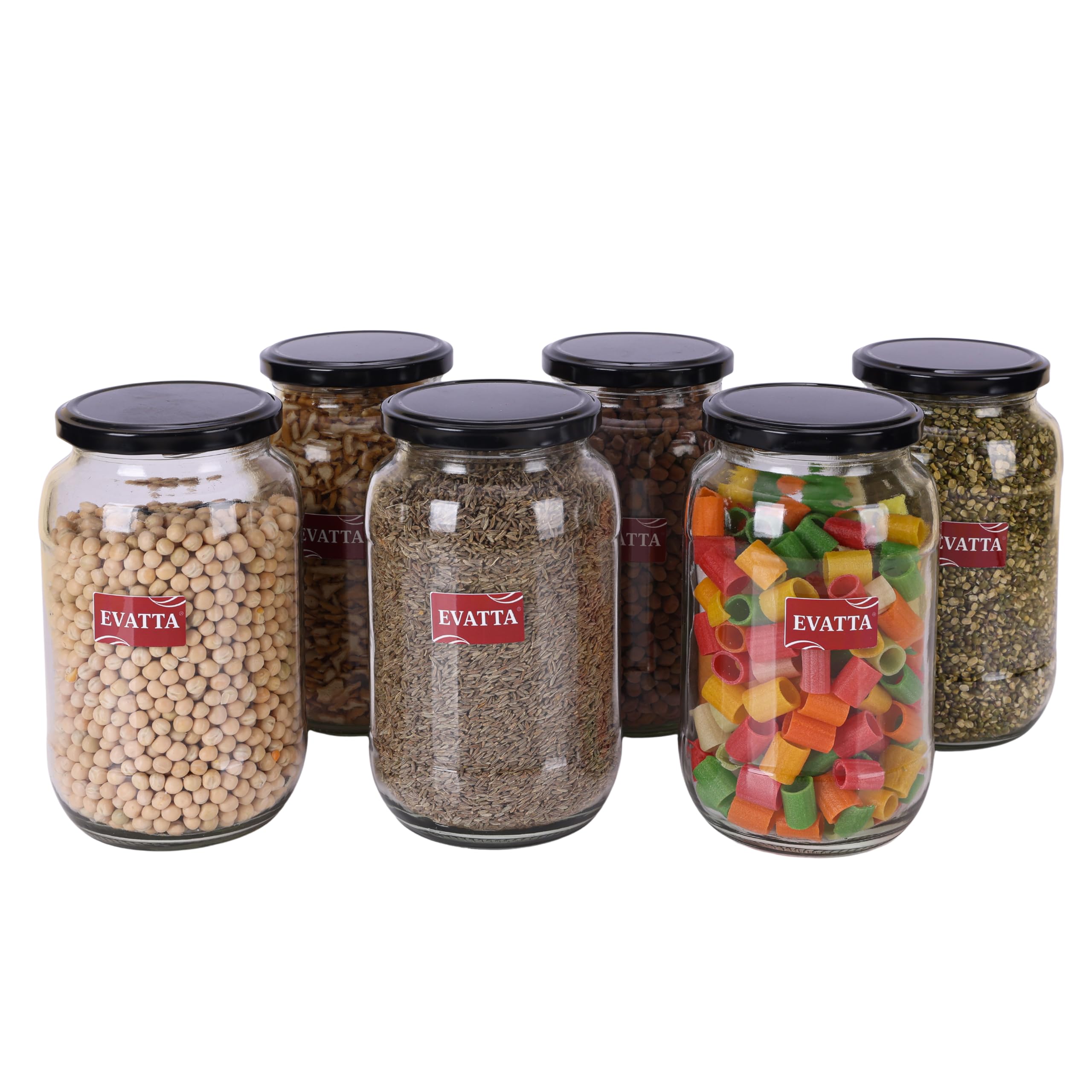 EVATTA Glass Jar Containers Set of 6 for Kitchen Storage - 1000ml (1kg) | Black Airtight Lids | Glass Containers for Kitchen | Glass Jars for Kitchen 1kg Jars for Dry Fruits, Pickles, Spices (6)-image-5