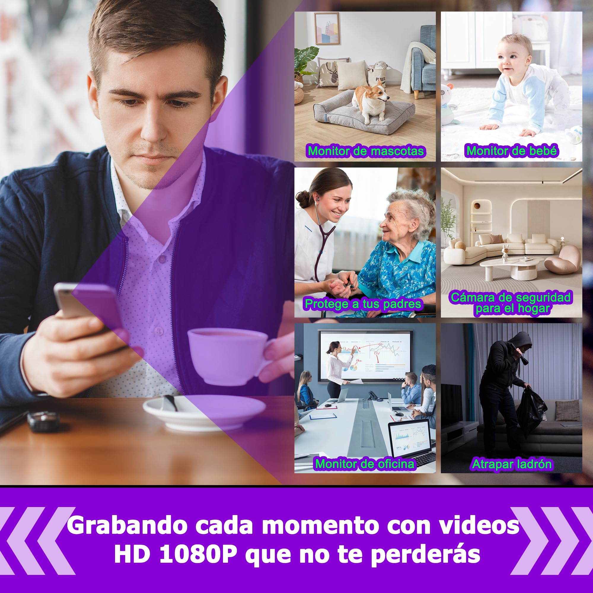 1080P Mini Camara Espia Oculta vigilancia WiFi Interior - Black | HD 1080P,detección de movimiento,solo Wi-Fi 2,4G,seguridad interior,control por app,visión en vivo remota,vigilancia