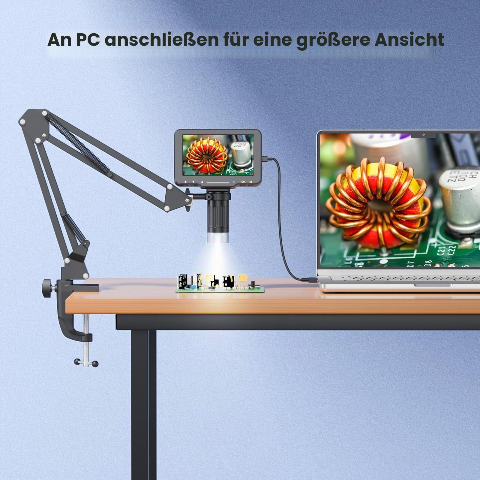 Digitales LCD-Lötmikroskop für PCB-Reparatur mit C-Klemme, 12,7 cm | Für Lötprüfungen und Elektronikreparatur; C-Klemme hält beide Hände frei, und der Bildschirm funktioniert ohne Computer.