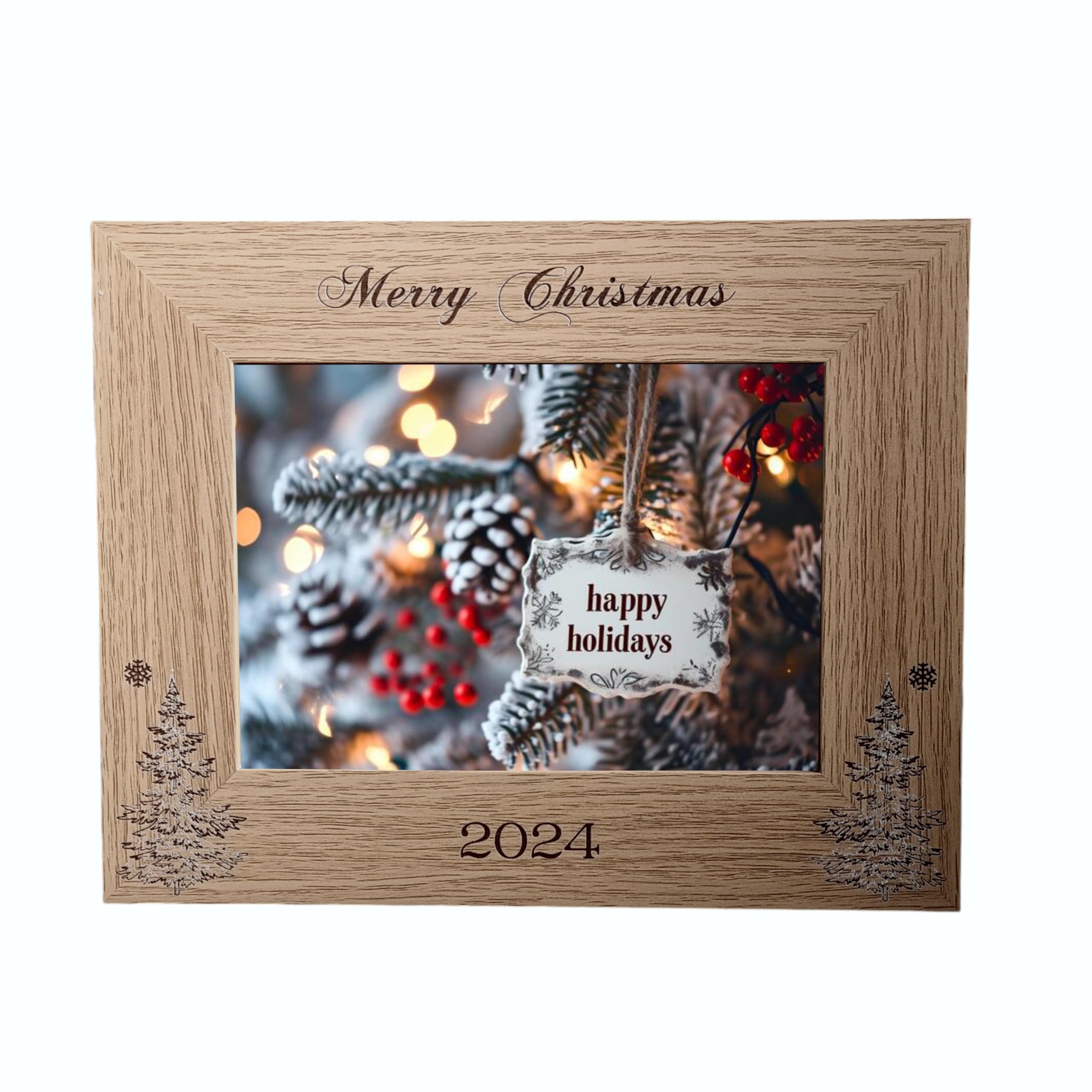 Merry Christmas 2025 Photo Frame Engraved Wooden Christmas Frame Gift For Friends Family Memories Keepsake (7 x 5 - Landscape)