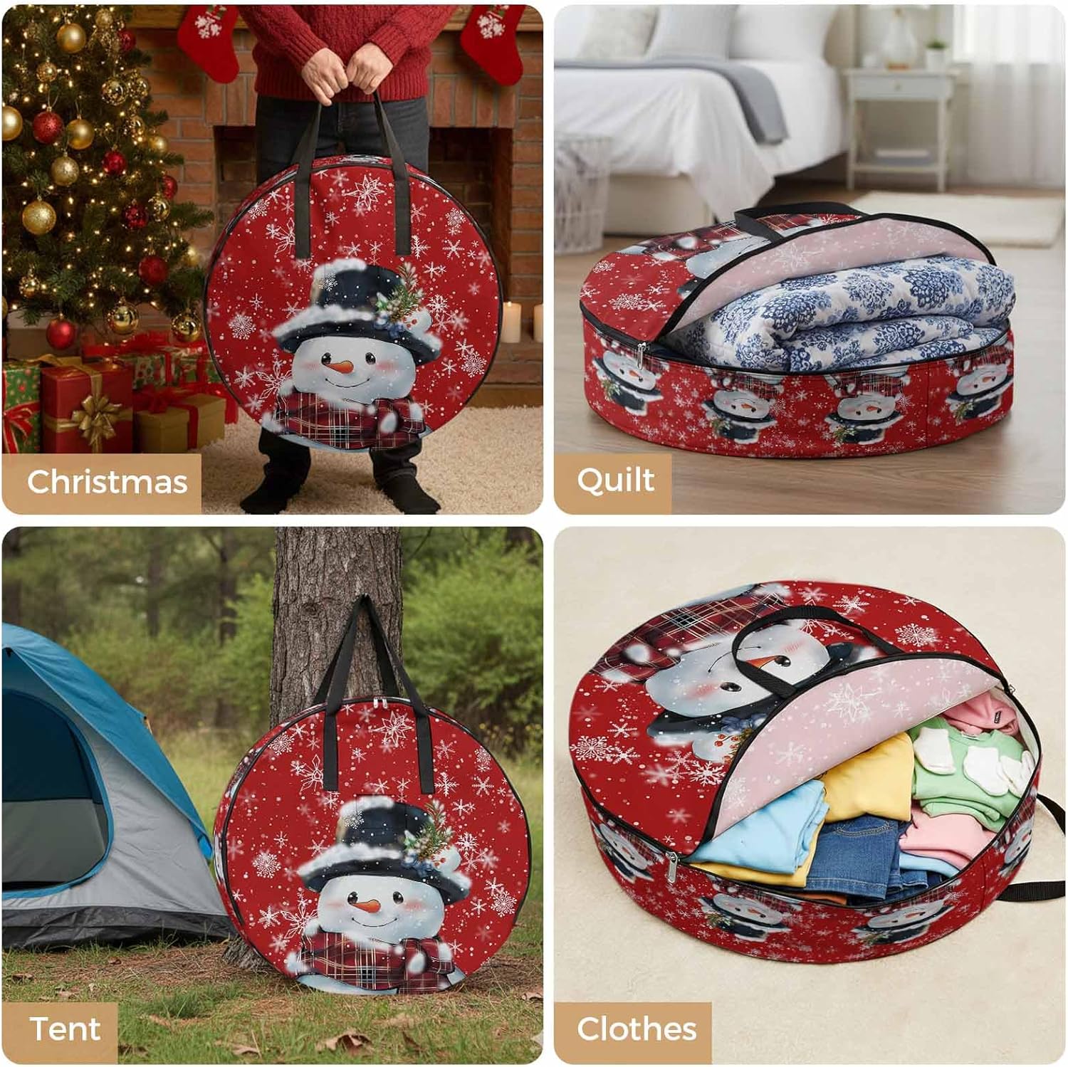 Christmas Snowman Round Storage Bag 36 Inch, with Snowflakes Red Texture Clothes Storage Container with Handles Heavy Duty Organizer for Comforter, Bedding & Holiday Wreaths