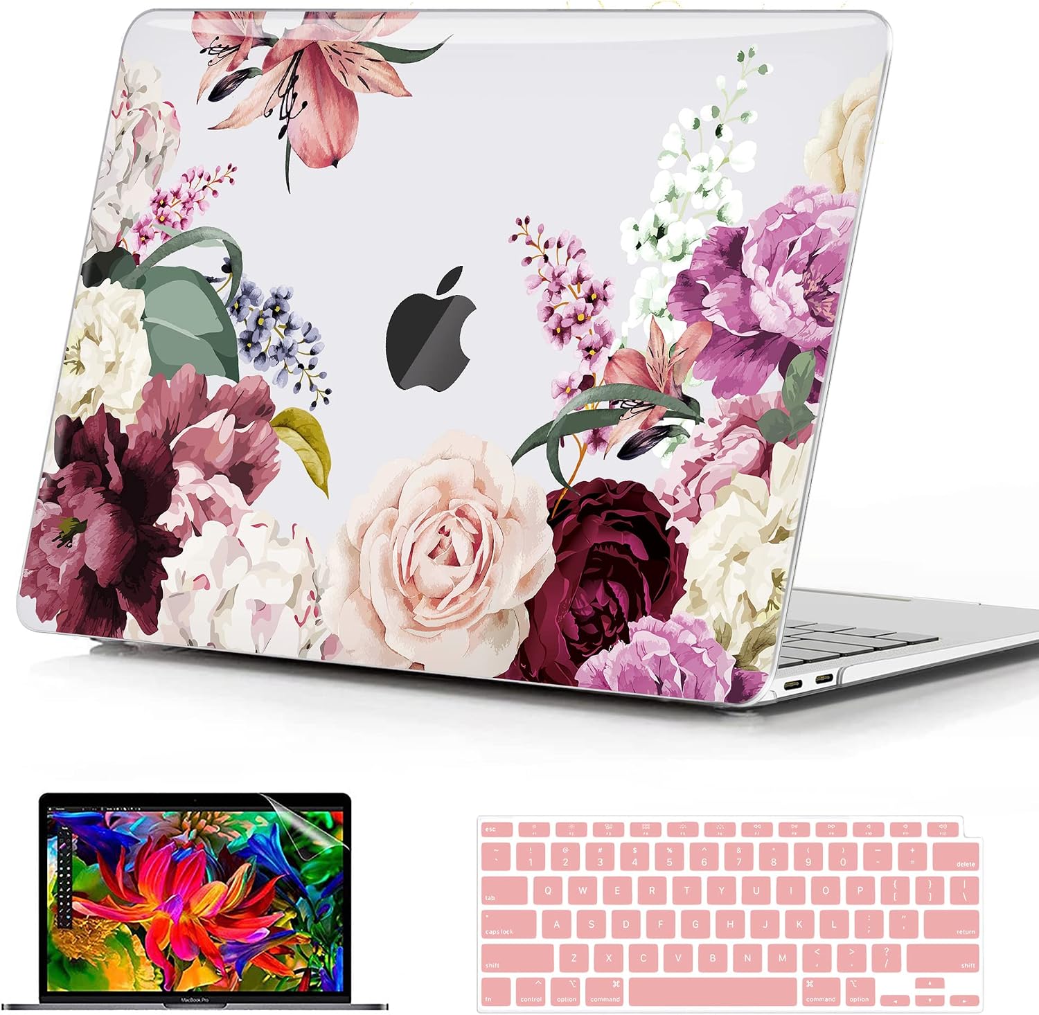B BELK Compatible with MacBook Air 13 inch Case 2021 2020 2019 2018 Release Model: M1 A2237 A2179 A1932, Hard Shell Case + Keyboard Cover + Screen Protector, Mac Book Air M1 Case, Peony Floral