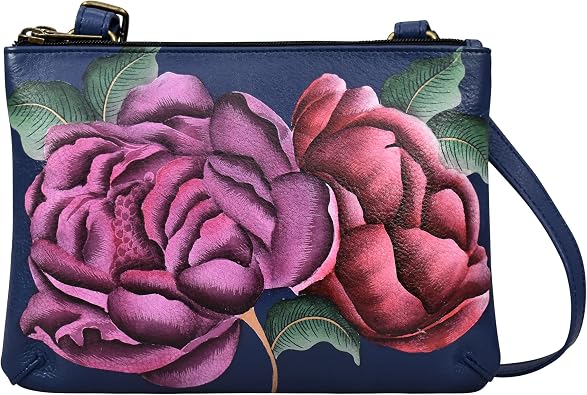 Anna by Anuschka Womens Original Genuine Leather Hand-Painted Leather Small Zip Around Crossbody - Leather Handbag for Women