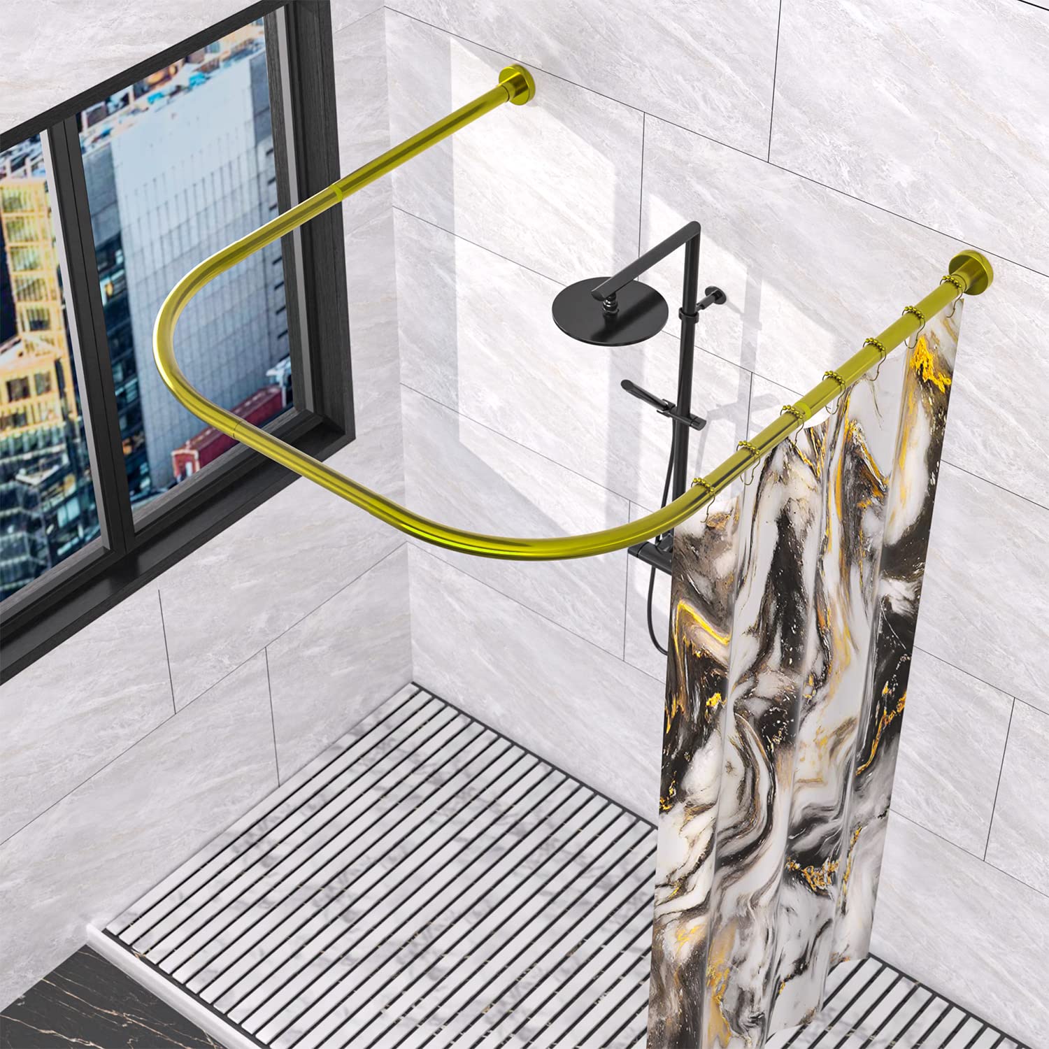 Tringle à rideau de douche d'angle en acier inoxydable 304 en forme de U, taille réglable (en forme de U doré, longueur des deux côtés : 80-120 cm, largeur du milieu : 88-110 cm)