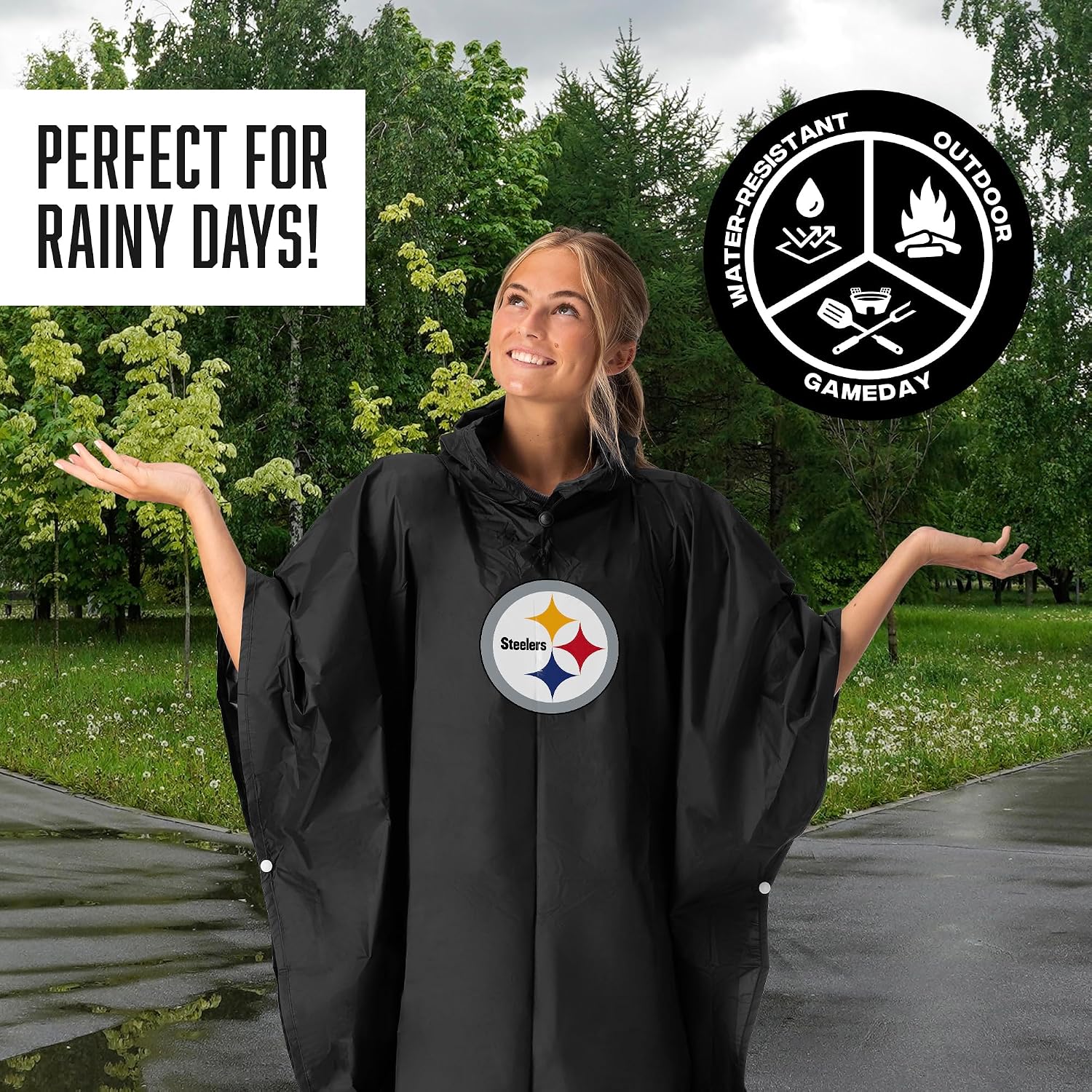 Northwest NFL Rain Poncho, Water Resistant Hooded Pullover with Mesh Bag, Lightweight Adult Stadium Gear, 44 x 49 in
