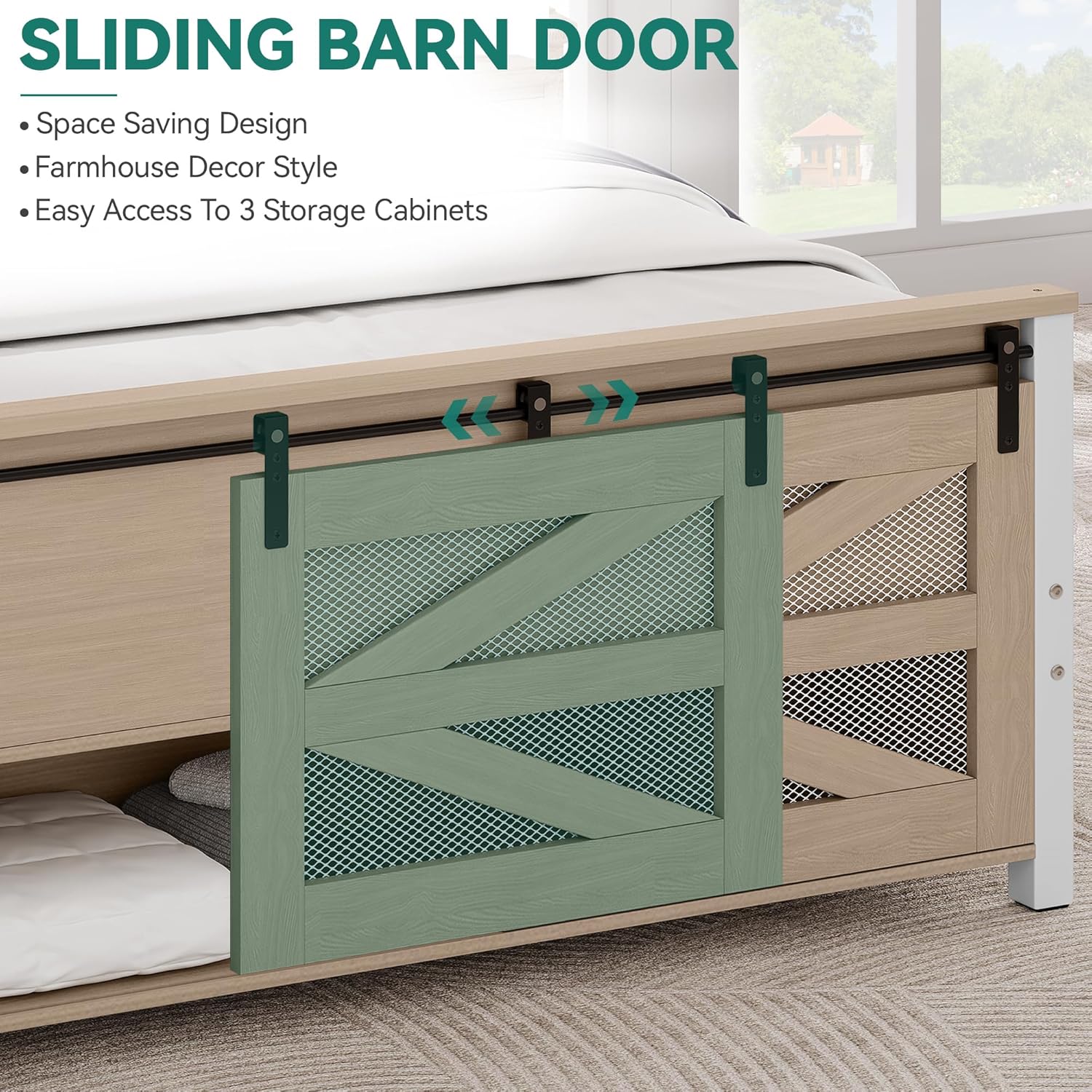YITAHOME Queen Size Farmhouse Bed Frame with Sliding Barn Door Storage Cabinets, Platform Bed Frame with 47.2" Headboard, Solid Metal Slats Support, Noiseless, No Box Spring Needed, Oak