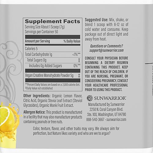 Miniatura 9 de Sunwarrior - Polvo de monohidrato de creatina  Fortalecimiento muscular pre entrenamiento vegano apto para dieta cetogénica micronizada y mezcla