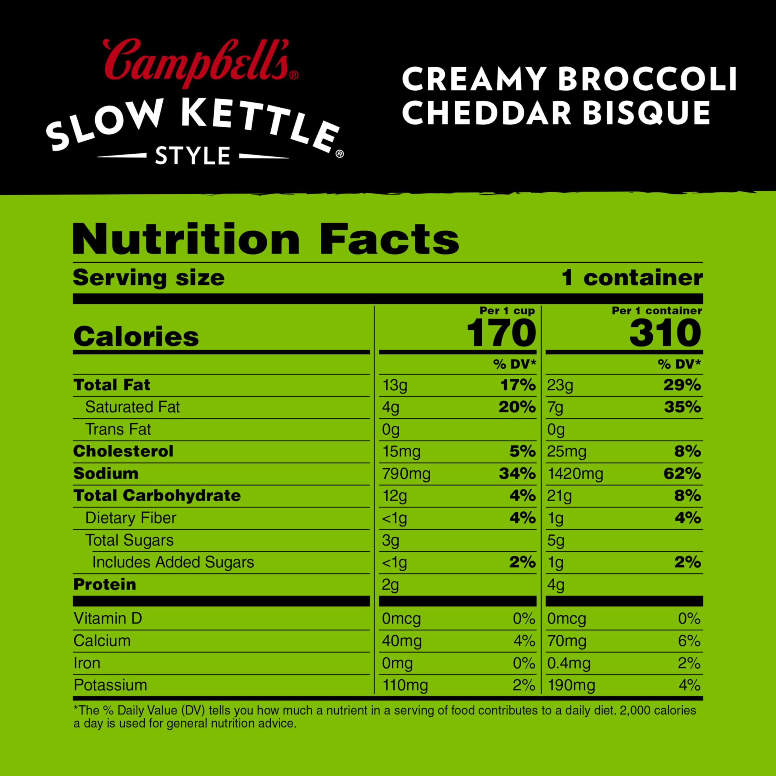Campbell's Slow Kettle Style Creamy Broccoli Cheddar Bisque, 15.5 oz Microwavable Bowl (Case of 8)