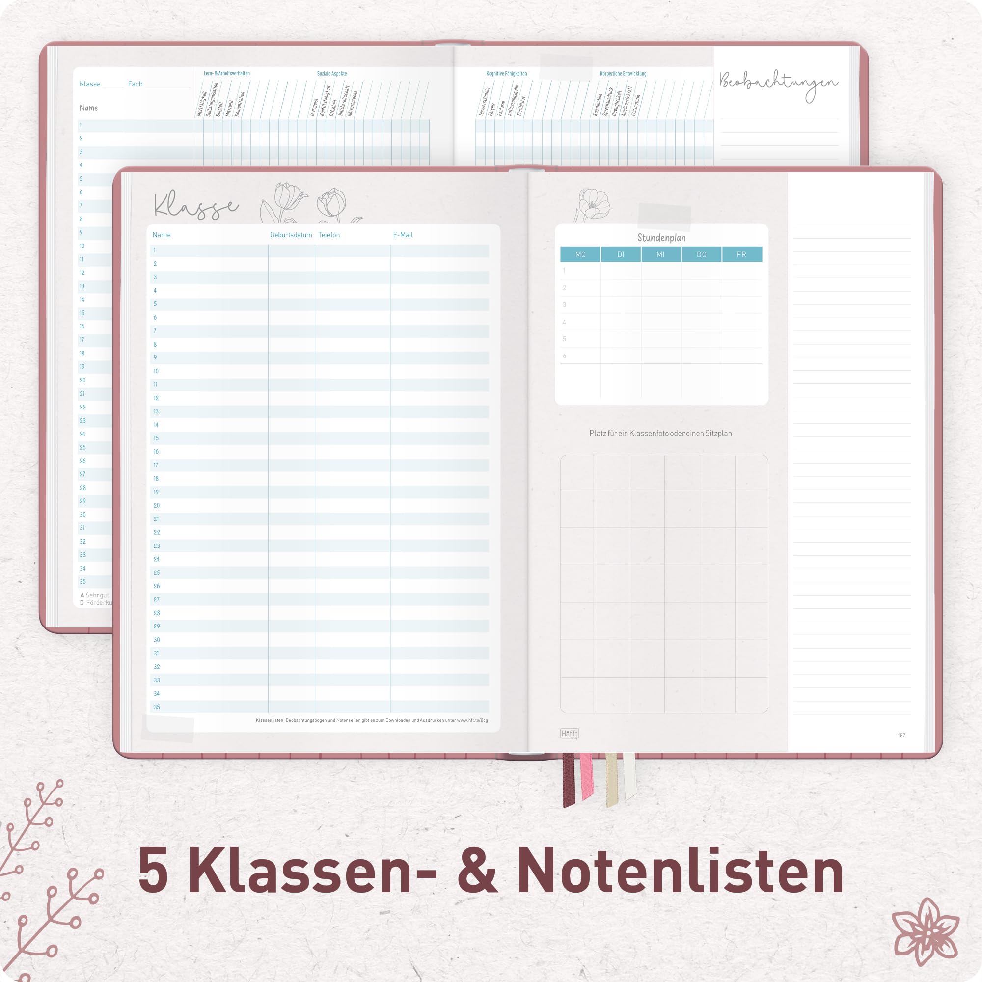 Häfft® Lehrerplaner Grundschule 2026/2027 im A4+ Format Hardcover - Schuljahr 12 Monate (Aug 26 - Jul 27) Lehrerkalender & Unterrichtsplaner für Klasse 1–4 "Fine Flowers rosé"
