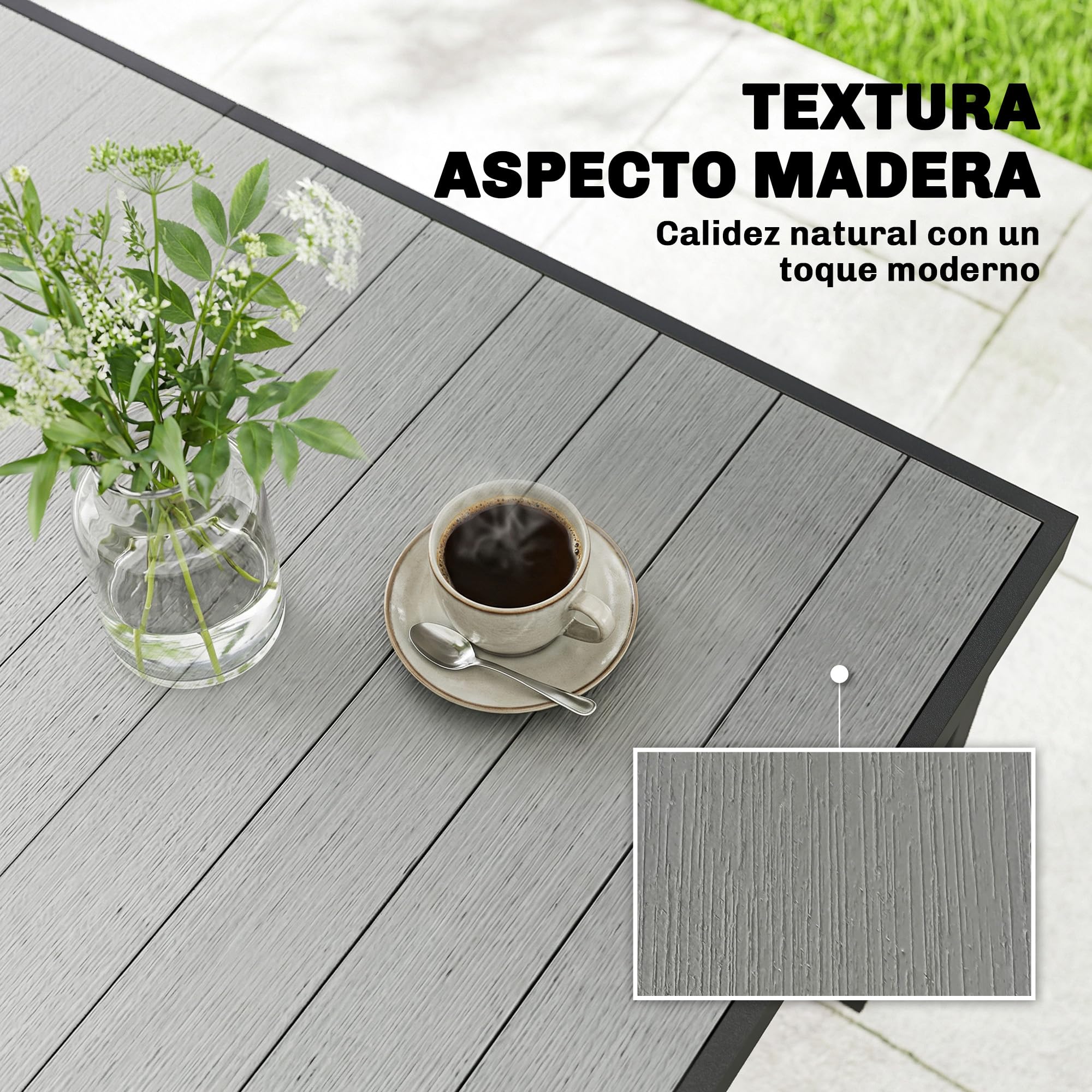 Outsunny Mesa de Comedor de Jardín Rectangular, Mesa de Terraza Exterior 140x90x74 cm, con Estructura de Acero y Encimera Desmontable de WPC de Listones, Carga 50 kg, para Patio, Balcón, Gris