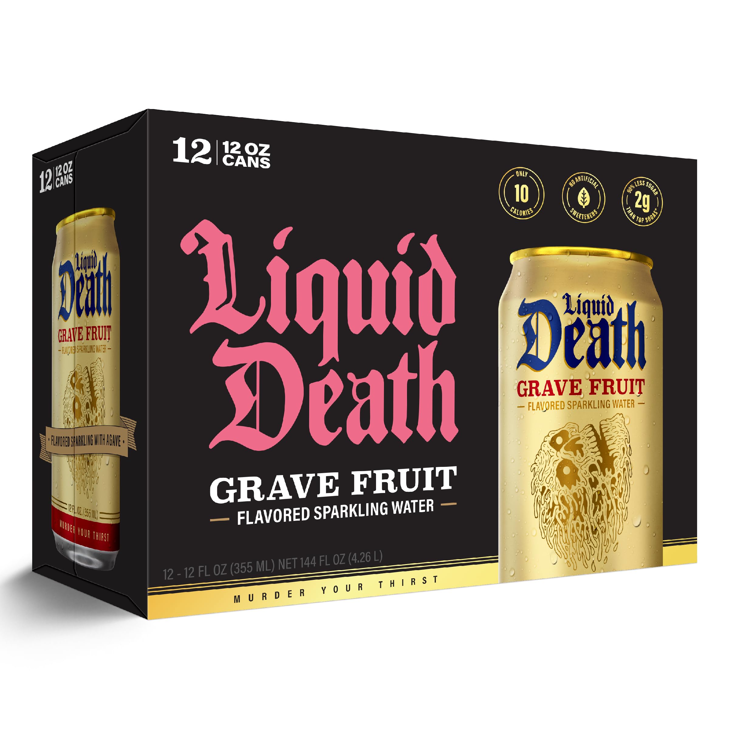 Liquid Death Soda-Flavored Sparkling Water - Doctor Death (Cherry, Cream, Spice), Less Sugar*, Huge Flavor, No Caffeine, No Artificial Sweeteners, 12 Fl Oz (Pack of 12): Grave Fruit 12 Fl Oz (Pack of 12)