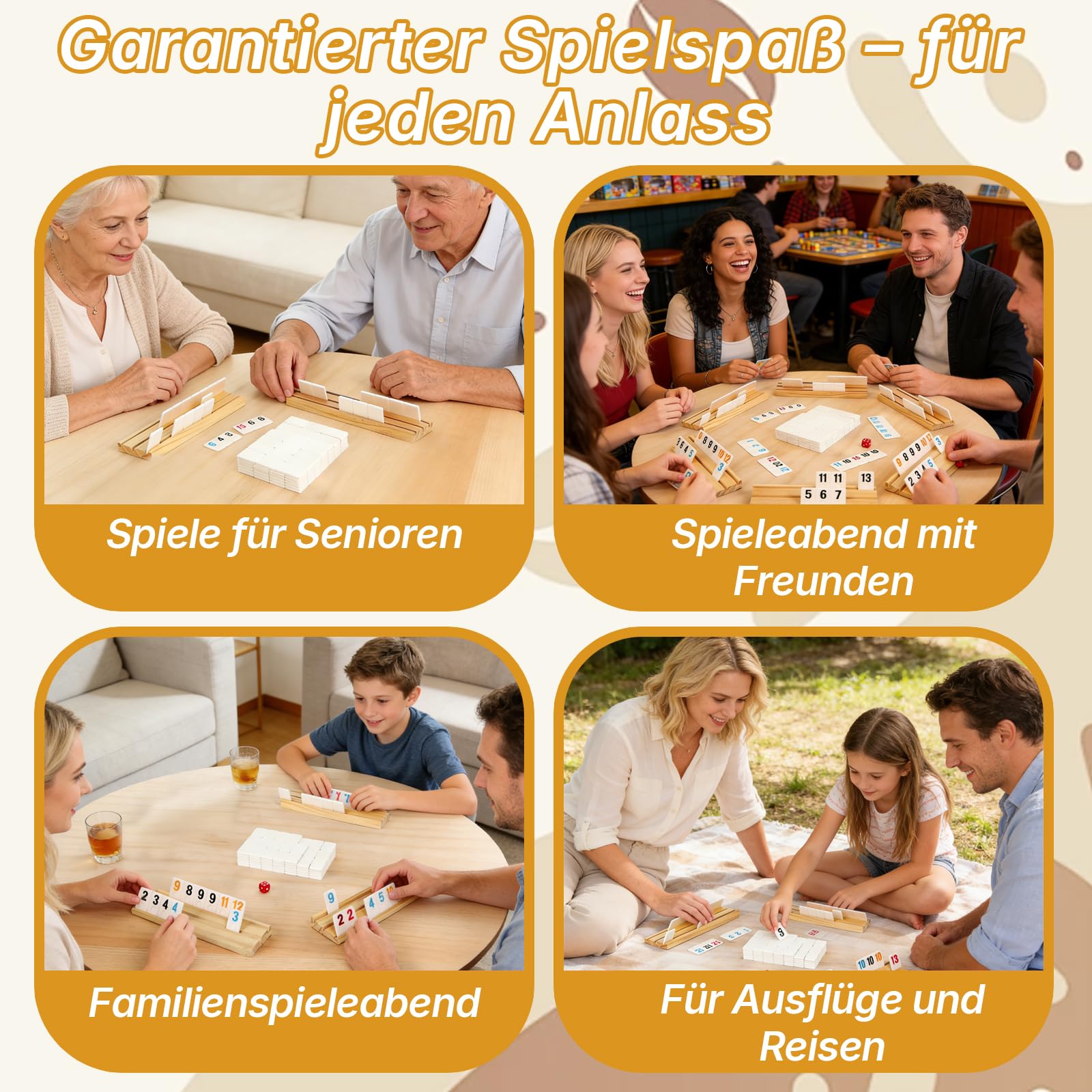 Rummy Spiel Set für 2–6 Spieler mit 160 Steinen, 6 Holzhalter, Würfel & Aufbewahrungsbox – Klassisches Brettspiel, Familienspiel & Reisespiel für Kinder und Erwachsene