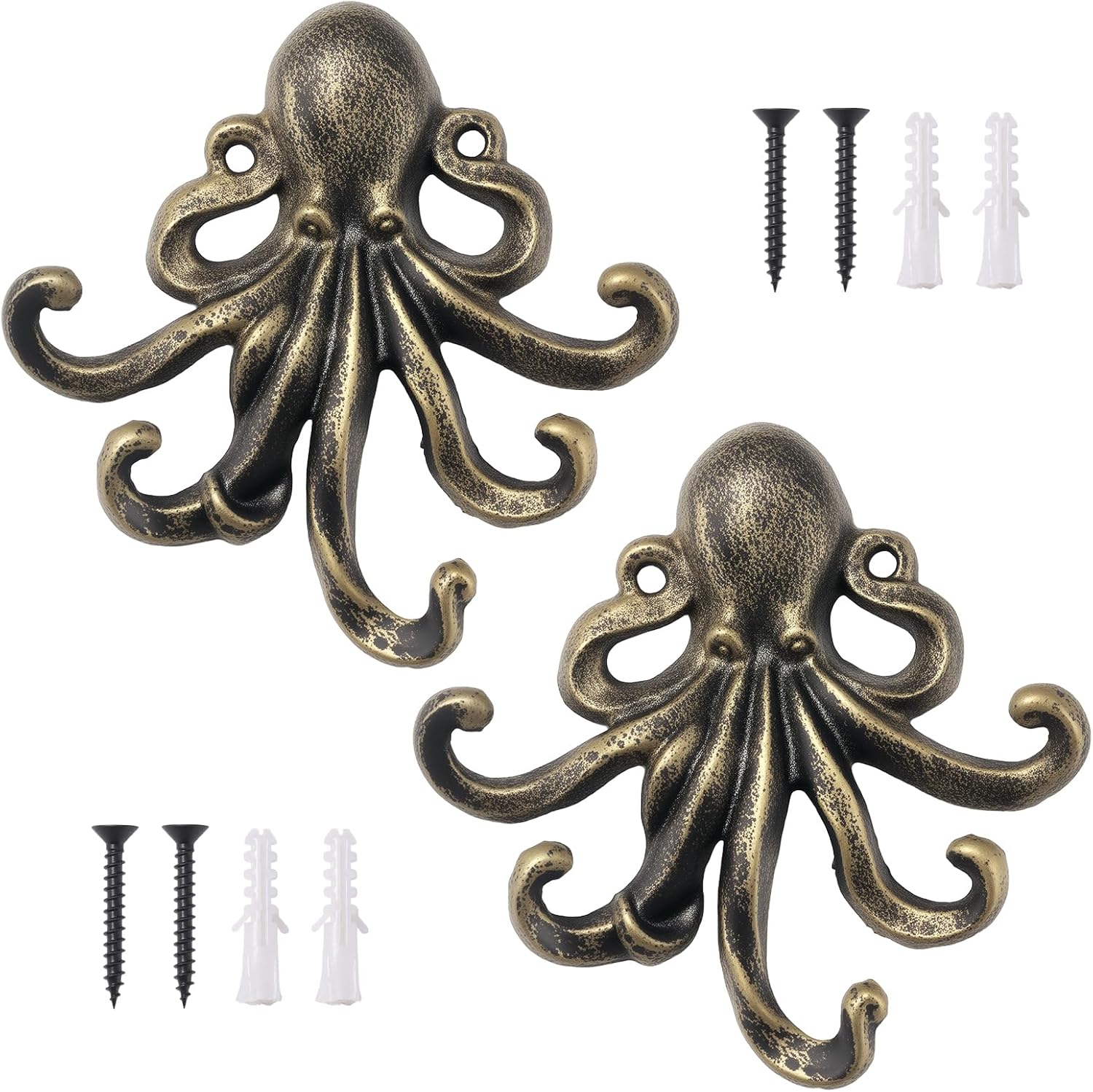 ZHAOLU 2-Pack Octopus Wall Hooks, Heavy Duty Cast Iron Hooks with 5 Hooks Each, Antique Bronze Finish, 55 LB Weight Capacity, Mounting Screws Included for Wall, Door, Fence