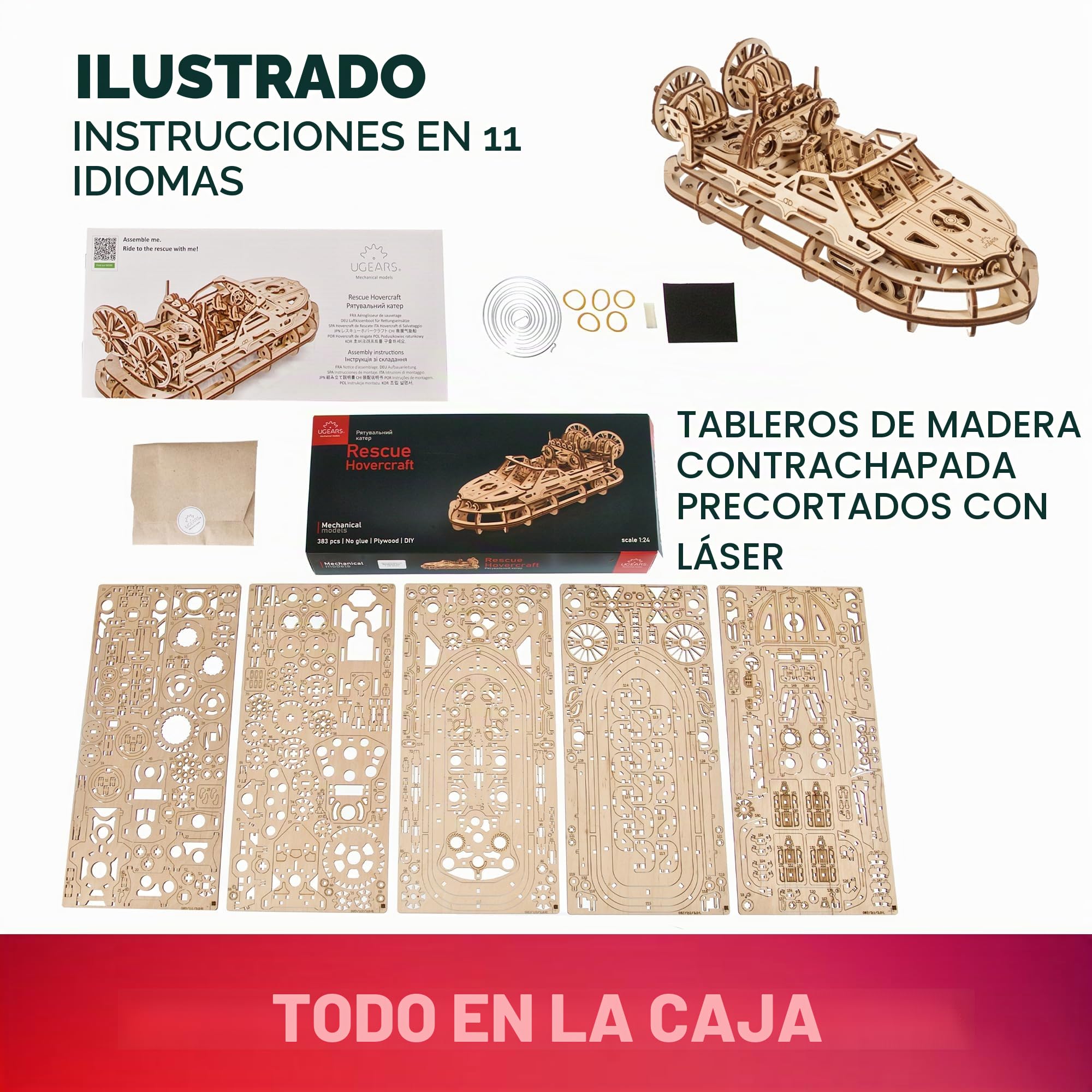 UGEARS Hovercraft de Rescate - Maquetas para Construir Adultos - Puzzle 3D Madera Aerodeslizador - Maqueta Barco Madera Mecánica con Detalles Realistas - Ideal para Amantes de Maquetas y Puzzles 3D