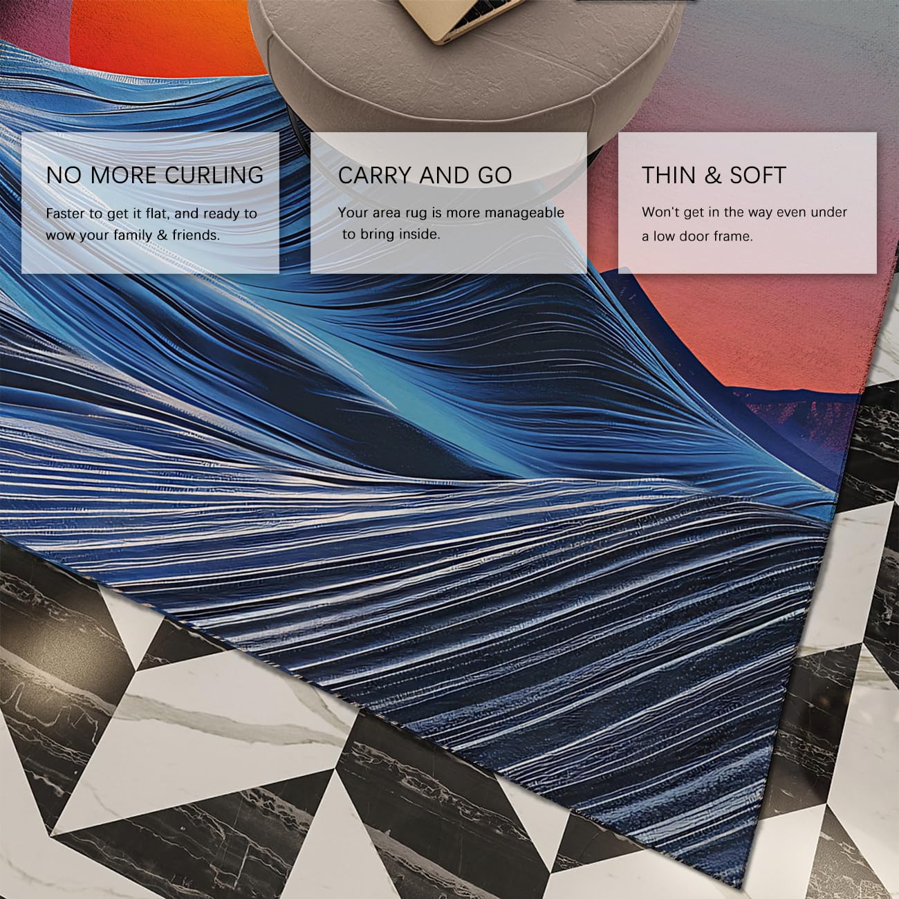 Waschbare Teppiche Abstract Ocean Wave Sunset Scene Area Teppich Boho Sun Anti-Rutsch-Teppich für Wohnzimmer Büroeingang Weiche niedrig florierte Blaue Türmatte 160x200cm