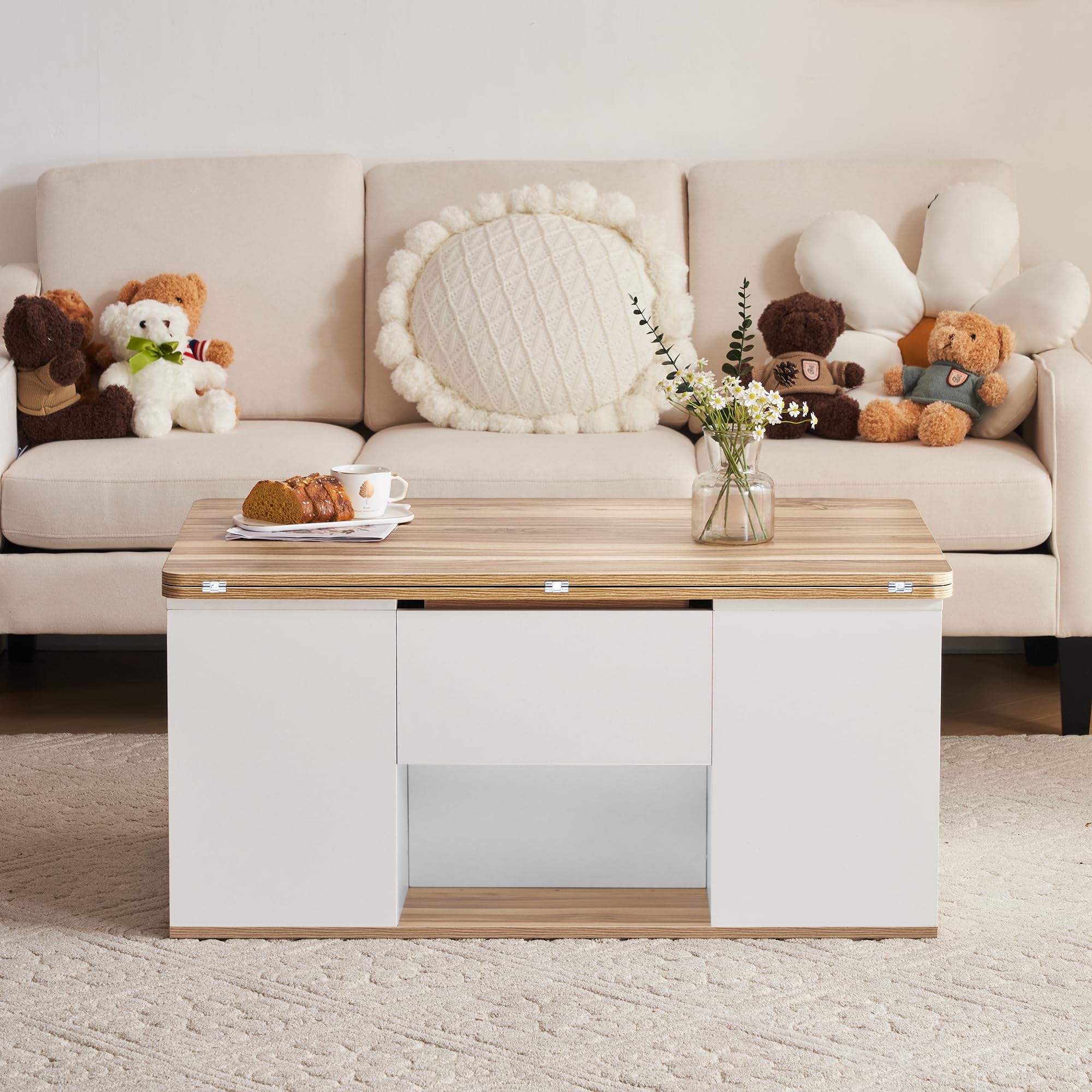 BTM Table Basse Relevable Multifonction, Plateau Devient 2, Blanc + Teinte Bois Originale, Grande Capacité, Mobilier Moderne, Bureau-Salle à Manger