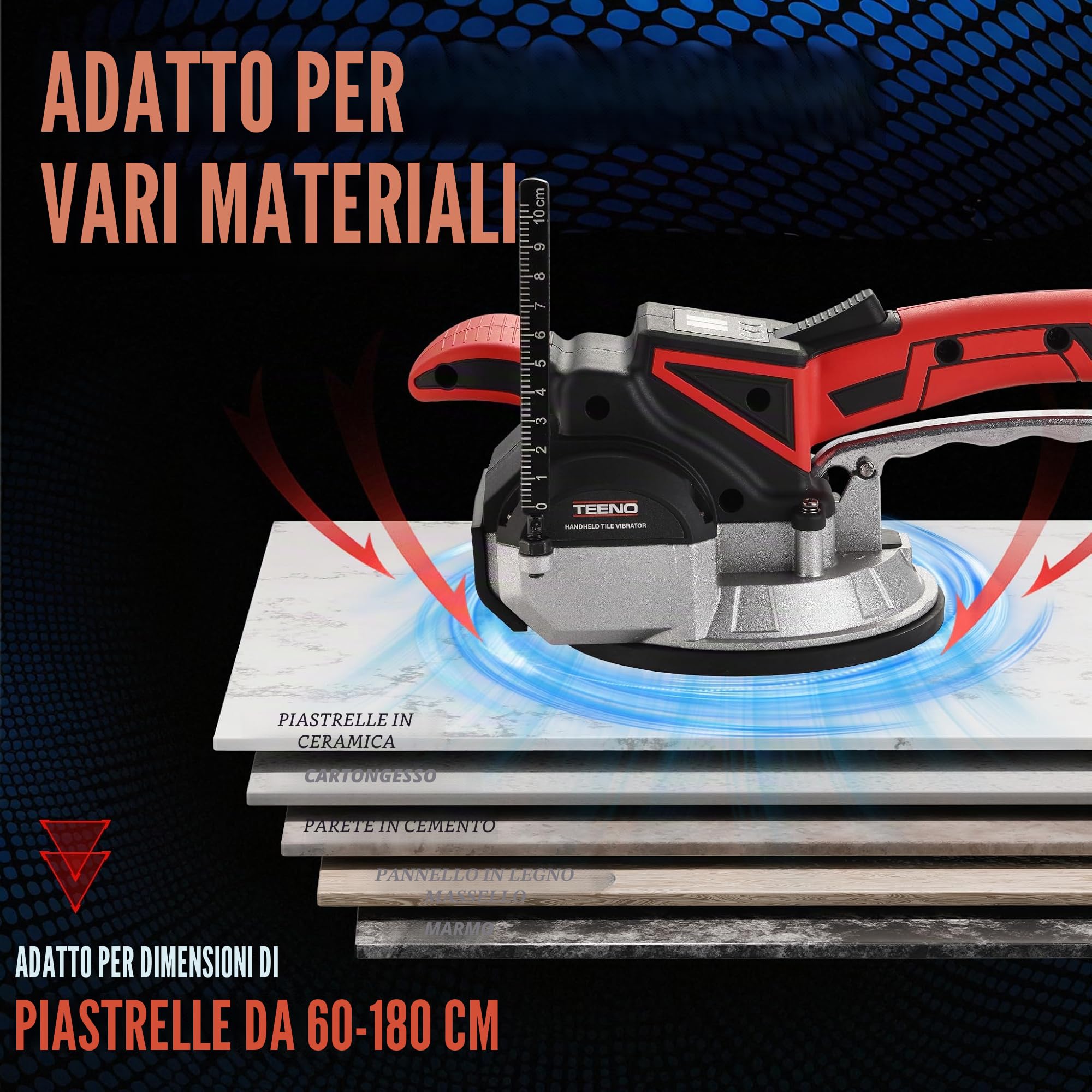 TEENO 2 in 1 Ventosa Vibrante per Piastrelle Senza Fili, Ventosa Elettrica per Piastrelle con 2 Batterie da 2Ah, 9 Velocità, 500 kg di Aspirazione, 12000 RPM di Vibrazione, Ventosa da 145mm+Scala+