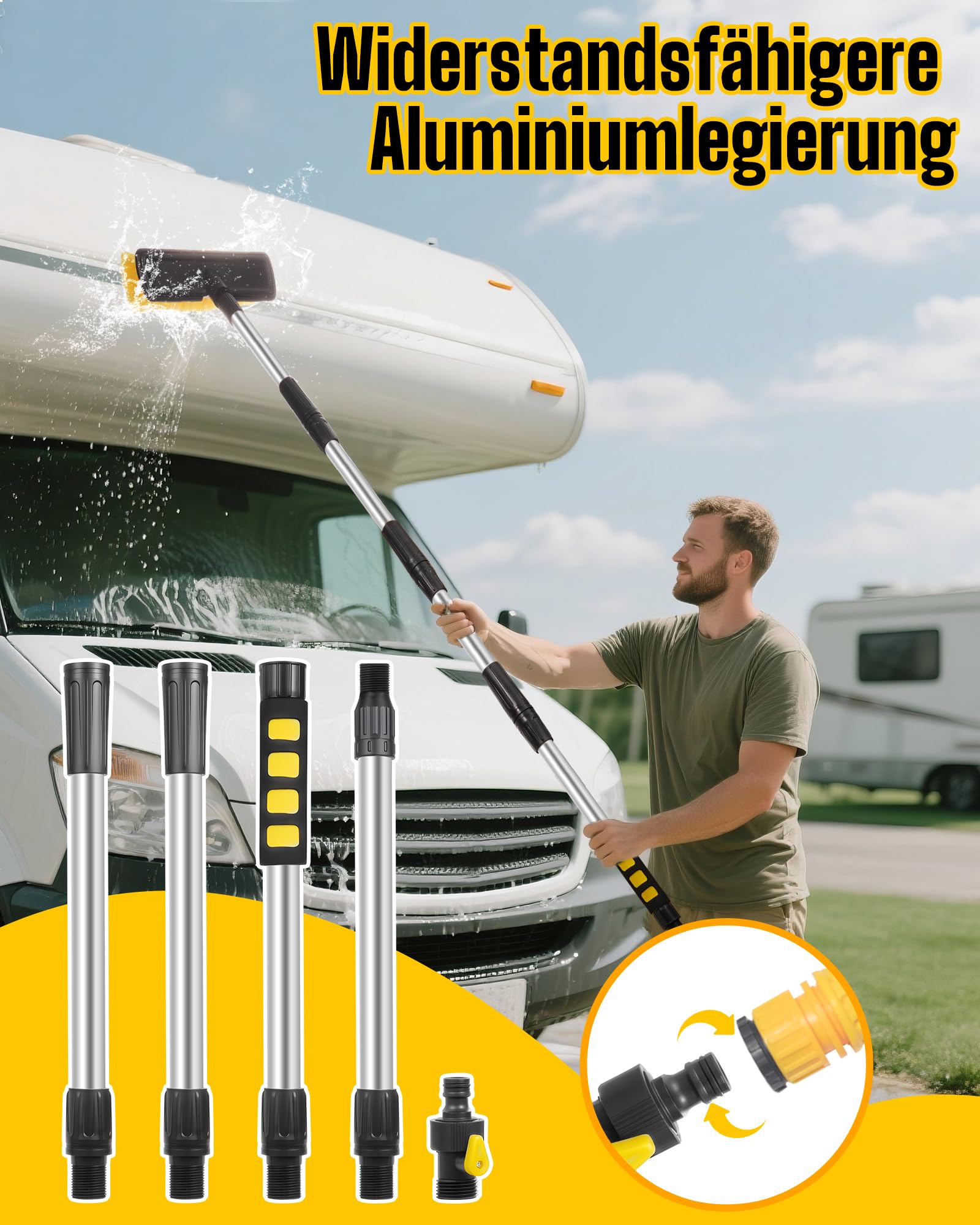 Autowaschbürste, 65" 165 cm Autowaschbürste mit Stiel mit Austauschbarem Moppkopf, Aufbewahrungstasche, Waschbürste Auto für Wohnwagen Autos Wohnmobile Lkws Fenster