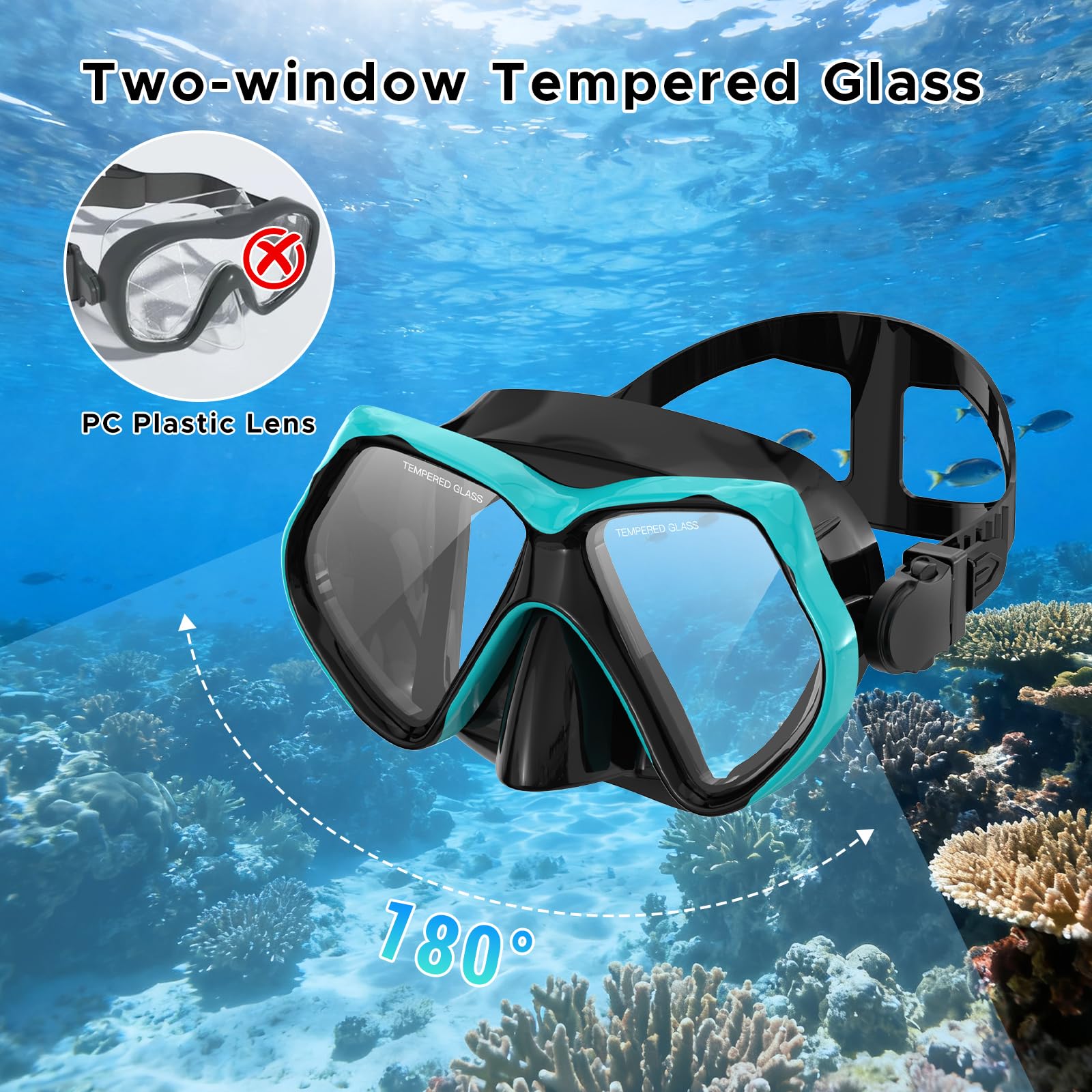 Maschera subacquea per adulti, maschera per snorkeling e immersioni, occhialini da nuoto con copertura per il naso, panoramica HD, in vetro temperato, per immersioni e snorkeling, senza perdite e