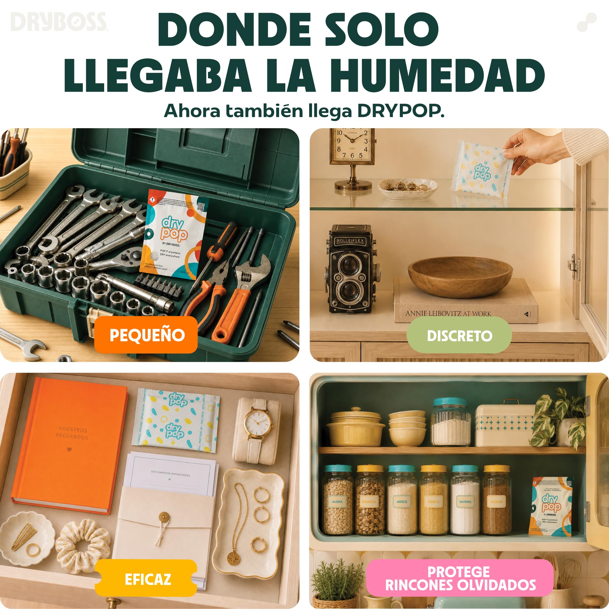 Pack 18 Sachets Antihumedad Cajones – Deshumidificador DRYPOP 20G | Absorbente de Humedad Seguro y Compacto para Cajones, Armarios, Trasteros, Baño, Coche, Cocina y Espacios Pequeños