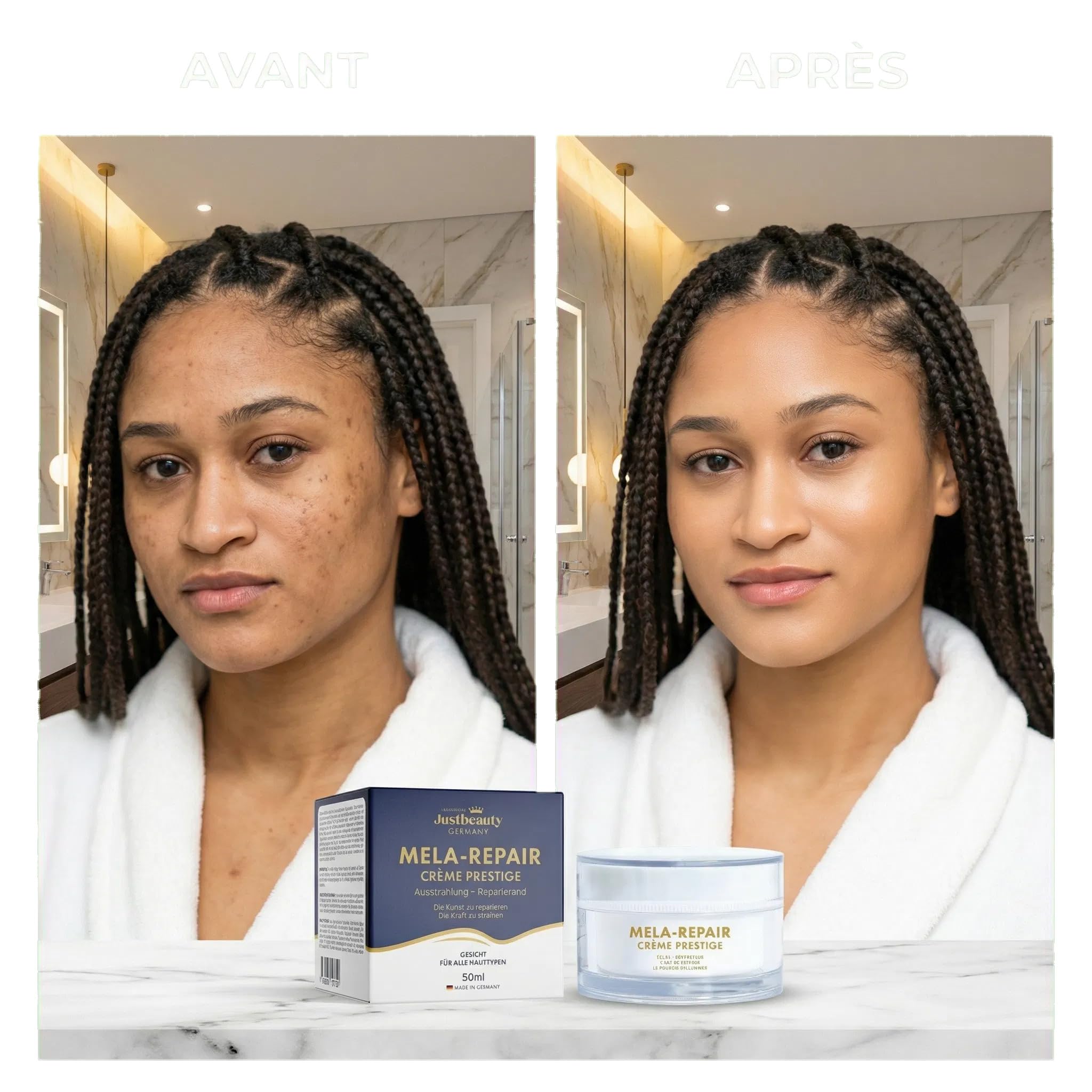 JustBeauty Germany MELA REPAIR Trio Gesichtspflege Intensiv Anti-Flecken – Tag-Serum 30 ml, Nacht-Serum 50 ml & Creme 50 g, Hyperpigmentierung, Melasma, braune Flecken, leuchtender und ebenmäßiger