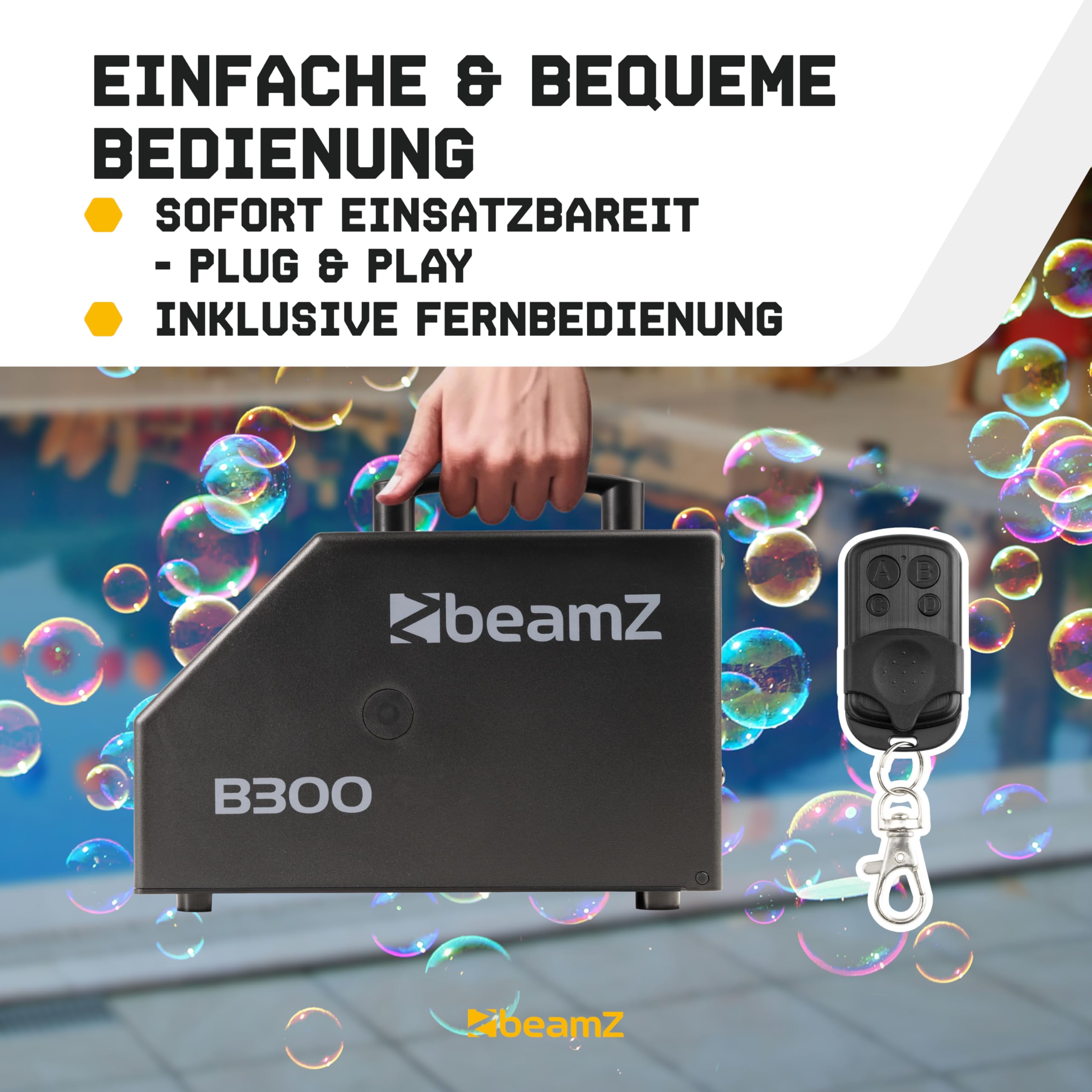 BeamZ B300 Seifenblasenmaschine mit 5L Flüssigkeit, Fernbedienung, 25 Watt, Luftblasenmaschine, Bubble Machine, 10.000 Bubbles pro Minute, Seifenblasen Hochzeit - Schwarz